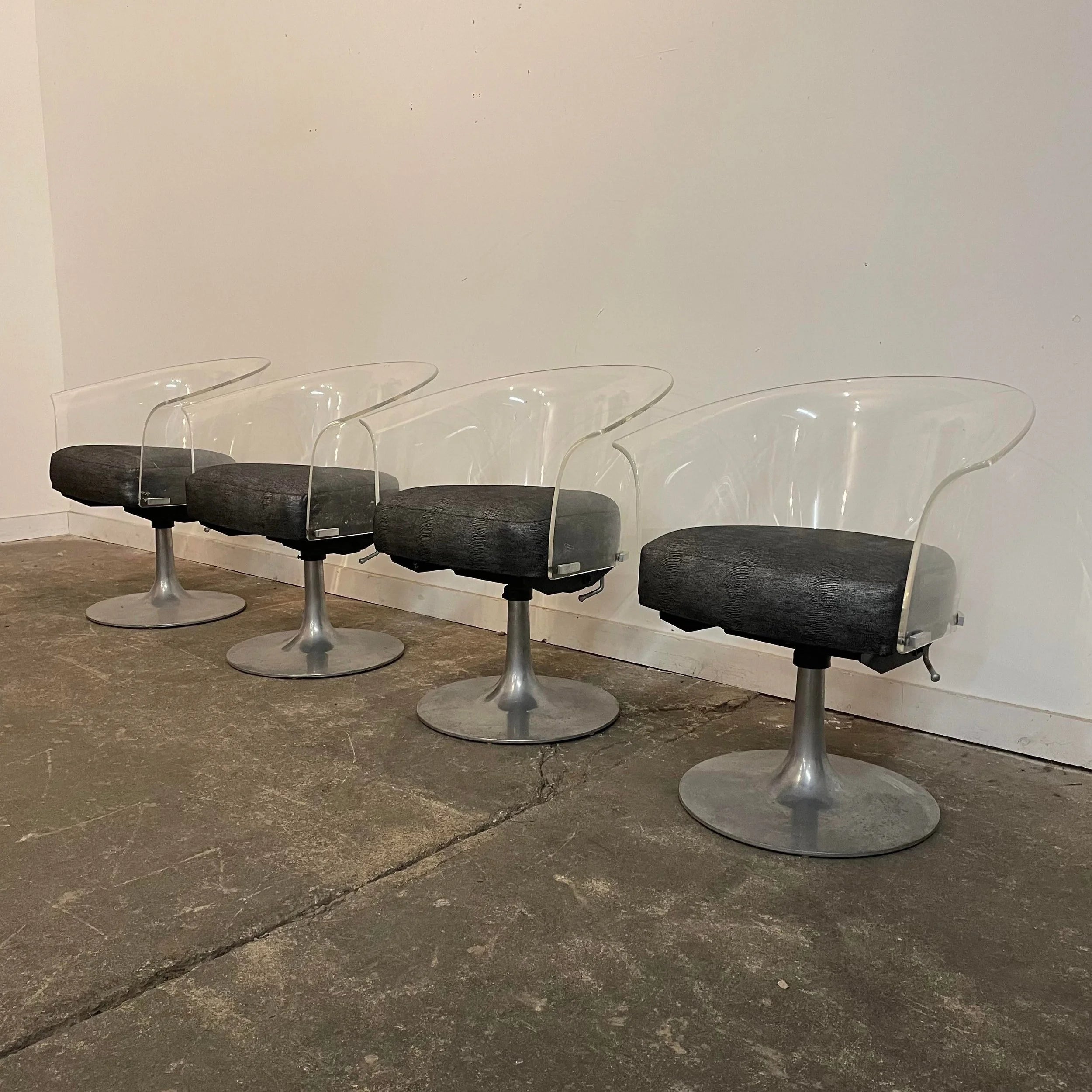 Mid Century Modern Bassick Flo-Tork Lucite Swivel and Reclining Chairs with Tulip Base - Set of 4