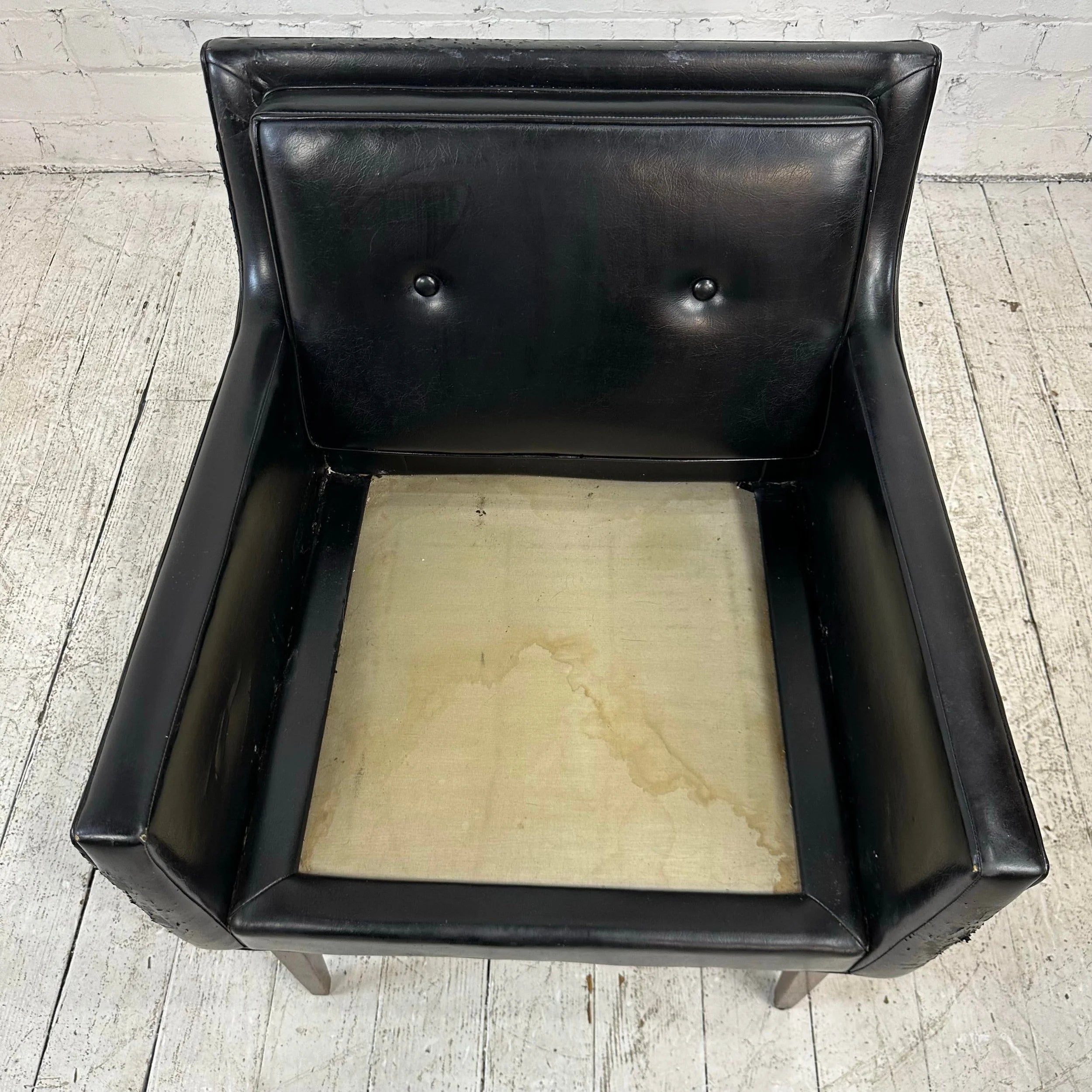 Milo Baughman Style Black Vinyl Lounge Chair With Walnut Base