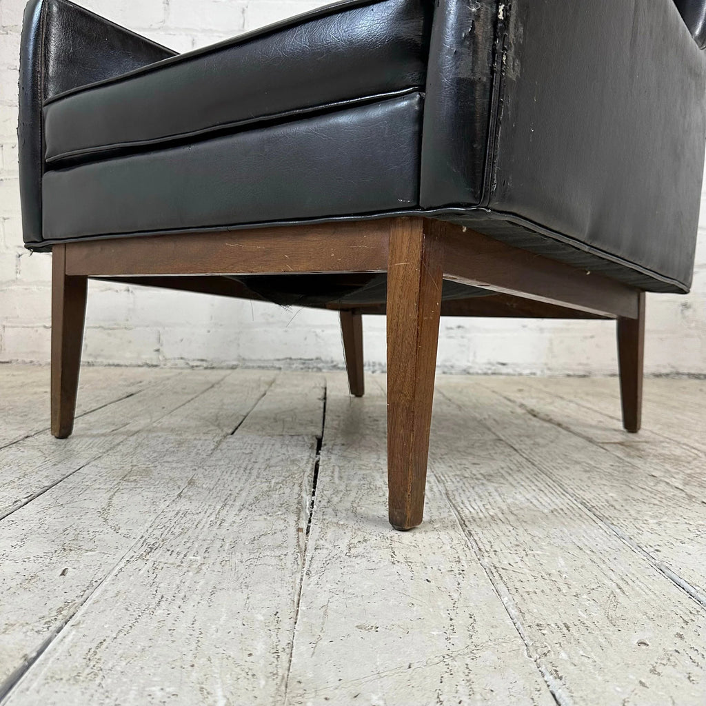 Milo Baughman Style Black Vinyl Lounge Chair With Walnut Base