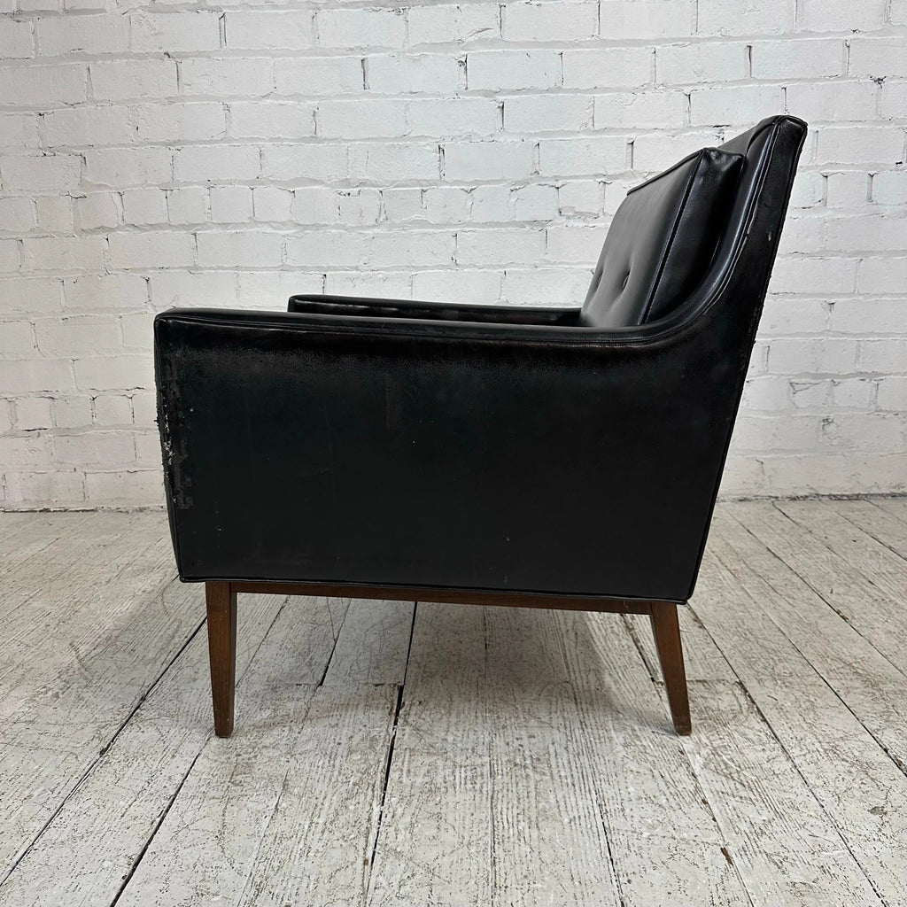 Milo Baughman Style Black Vinyl Lounge Chair With Walnut Base