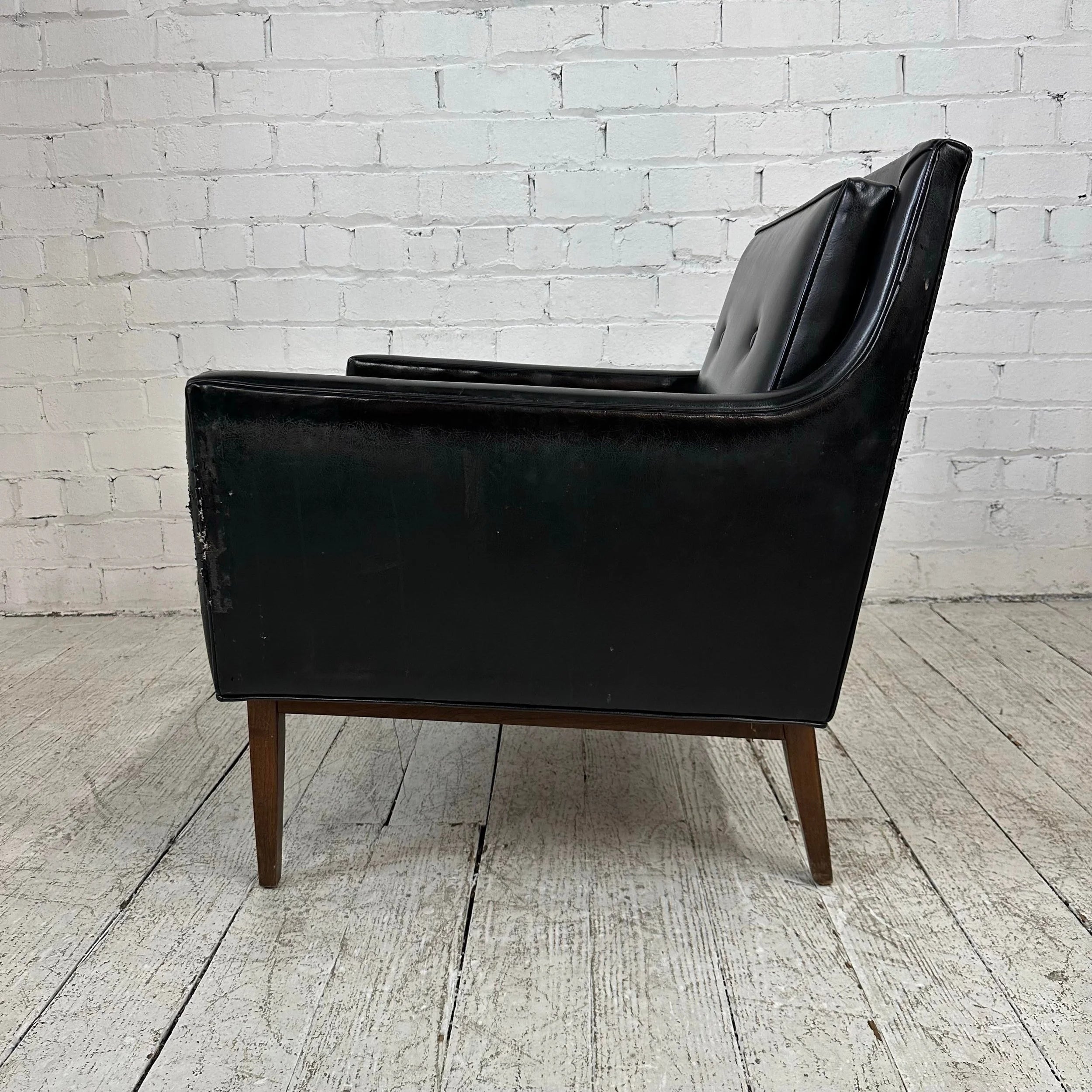 Milo Baughman Style Black Vinyl Lounge Chair With Walnut Base