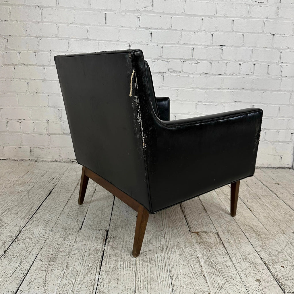 Milo Baughman Style Black Vinyl Lounge Chair With Walnut Base