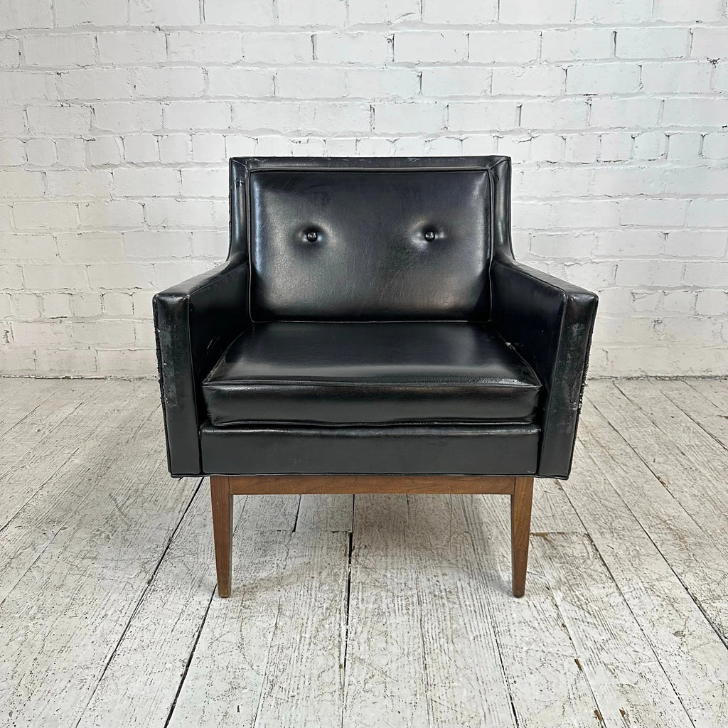 Milo Baughman Style Black Vinyl Lounge Chair With Walnut Base
