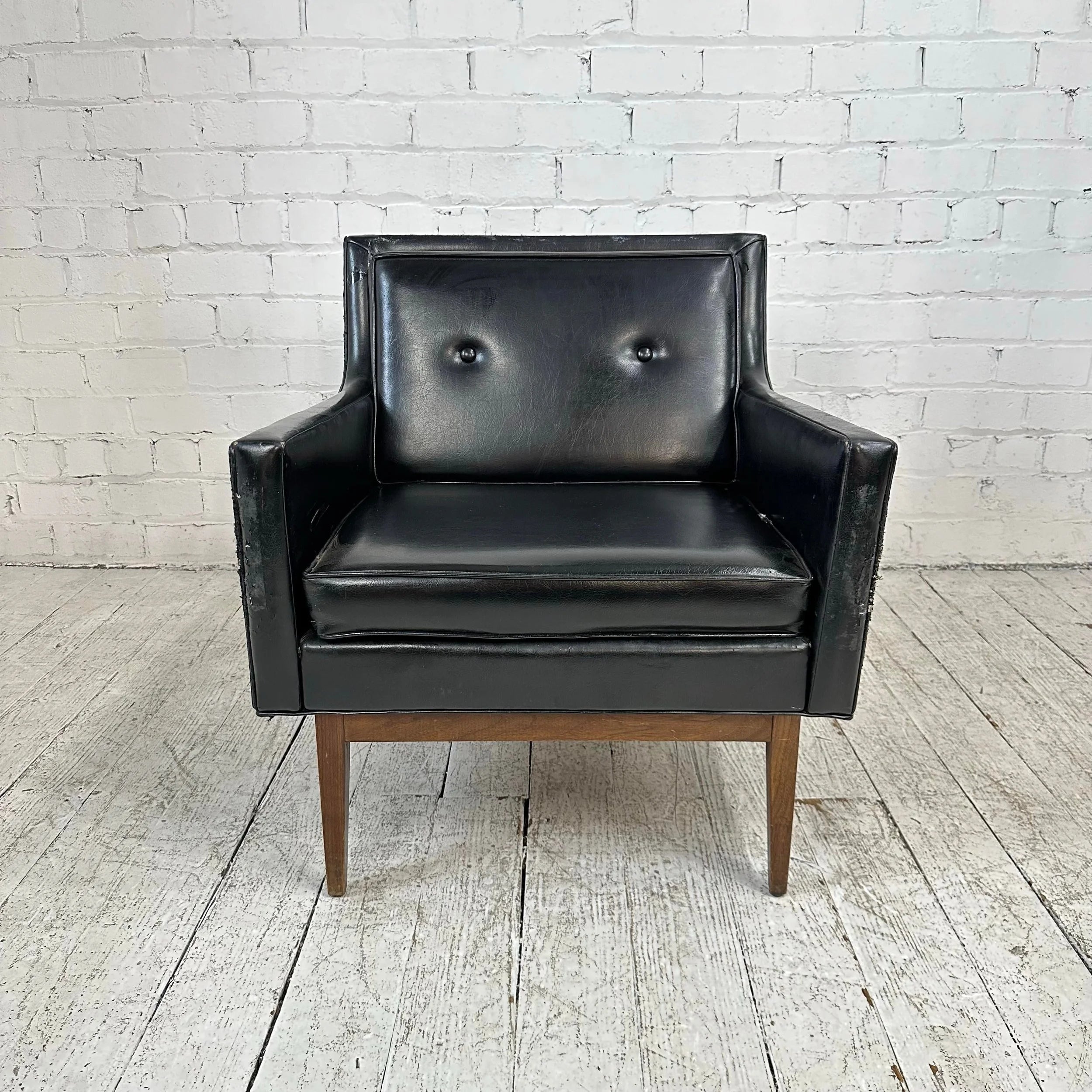 Milo Baughman Style Black Vinyl Lounge Chair With Walnut Base