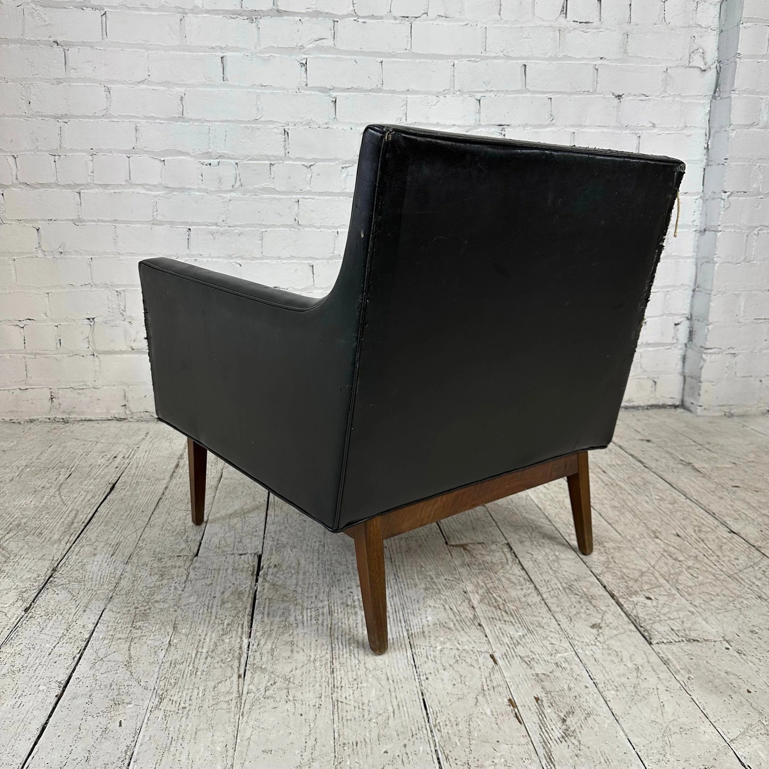 Milo Baughman Style Black Vinyl Lounge Chair With Walnut Base