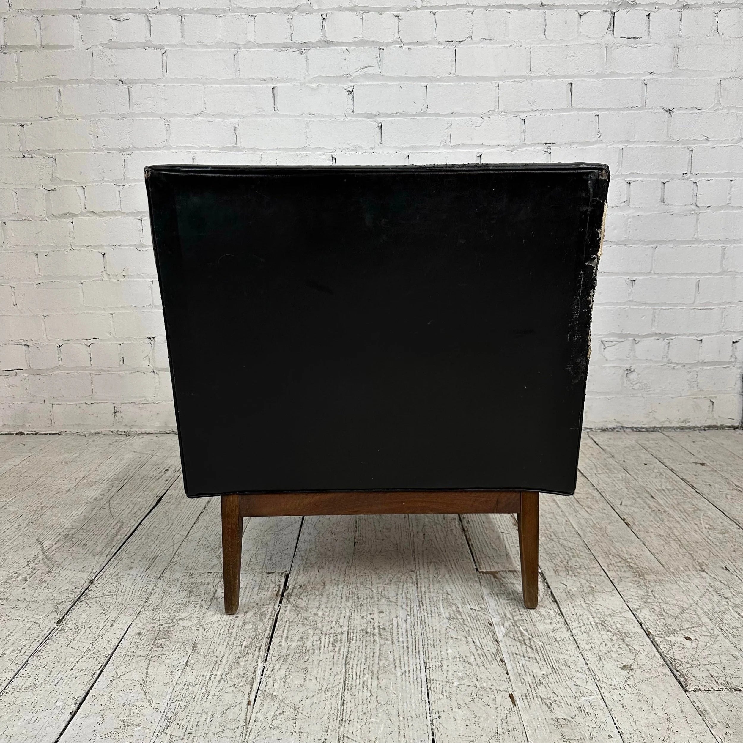 Milo Baughman Style Black Vinyl Lounge Chair With Walnut Base