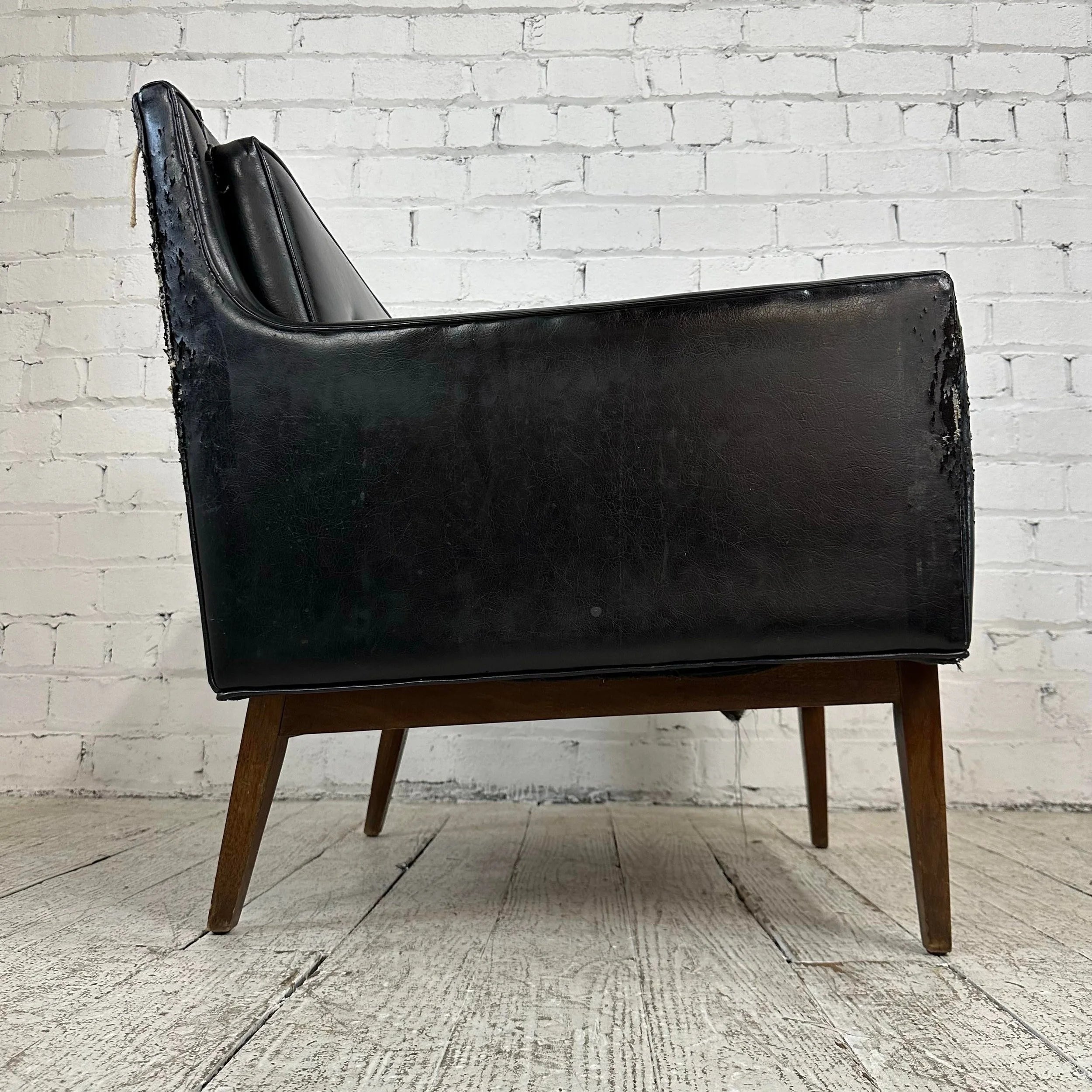 Milo Baughman Style Black Vinyl Lounge Chair With Walnut Base