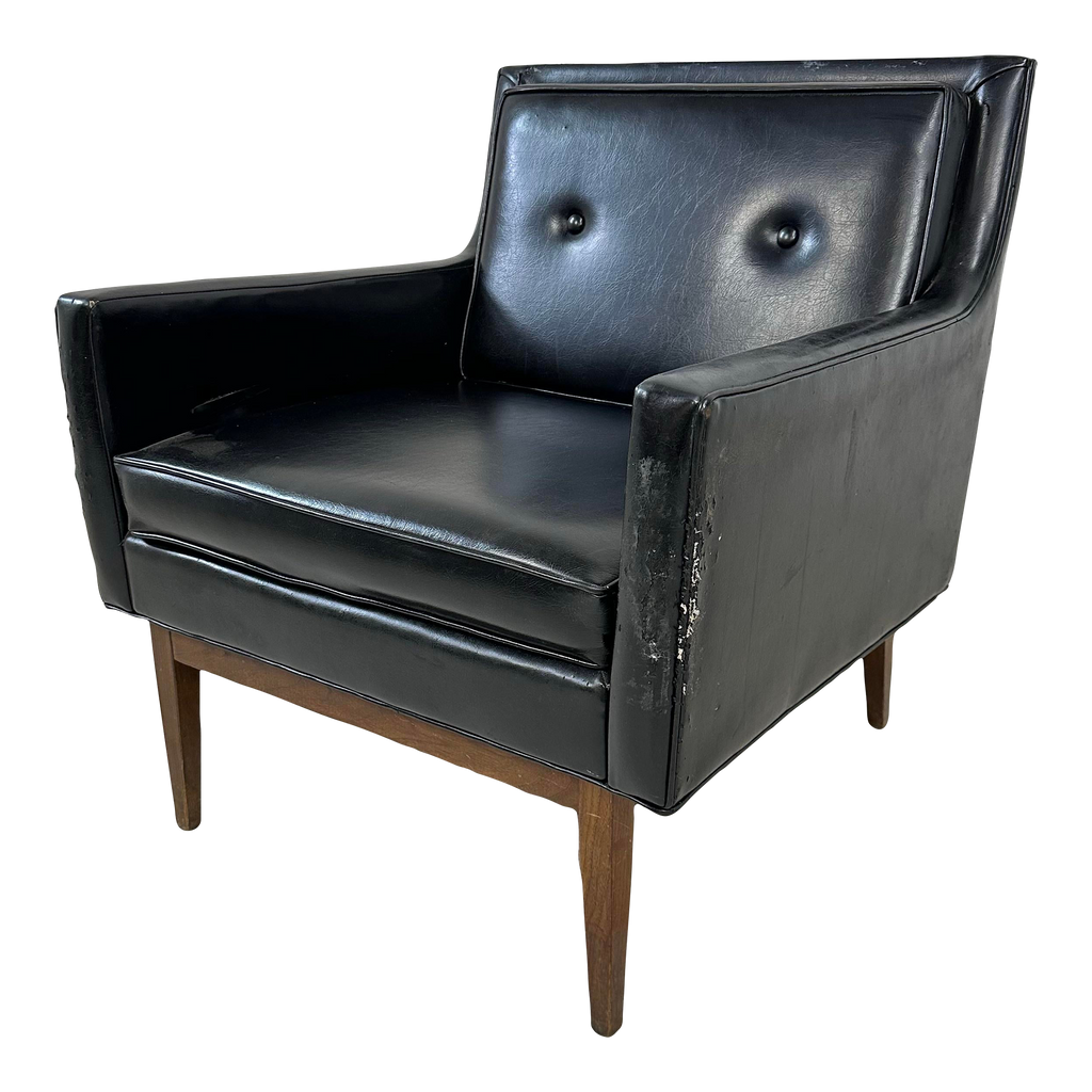Milo Baughman Style Black Vinyl Lounge Chair With Walnut Base