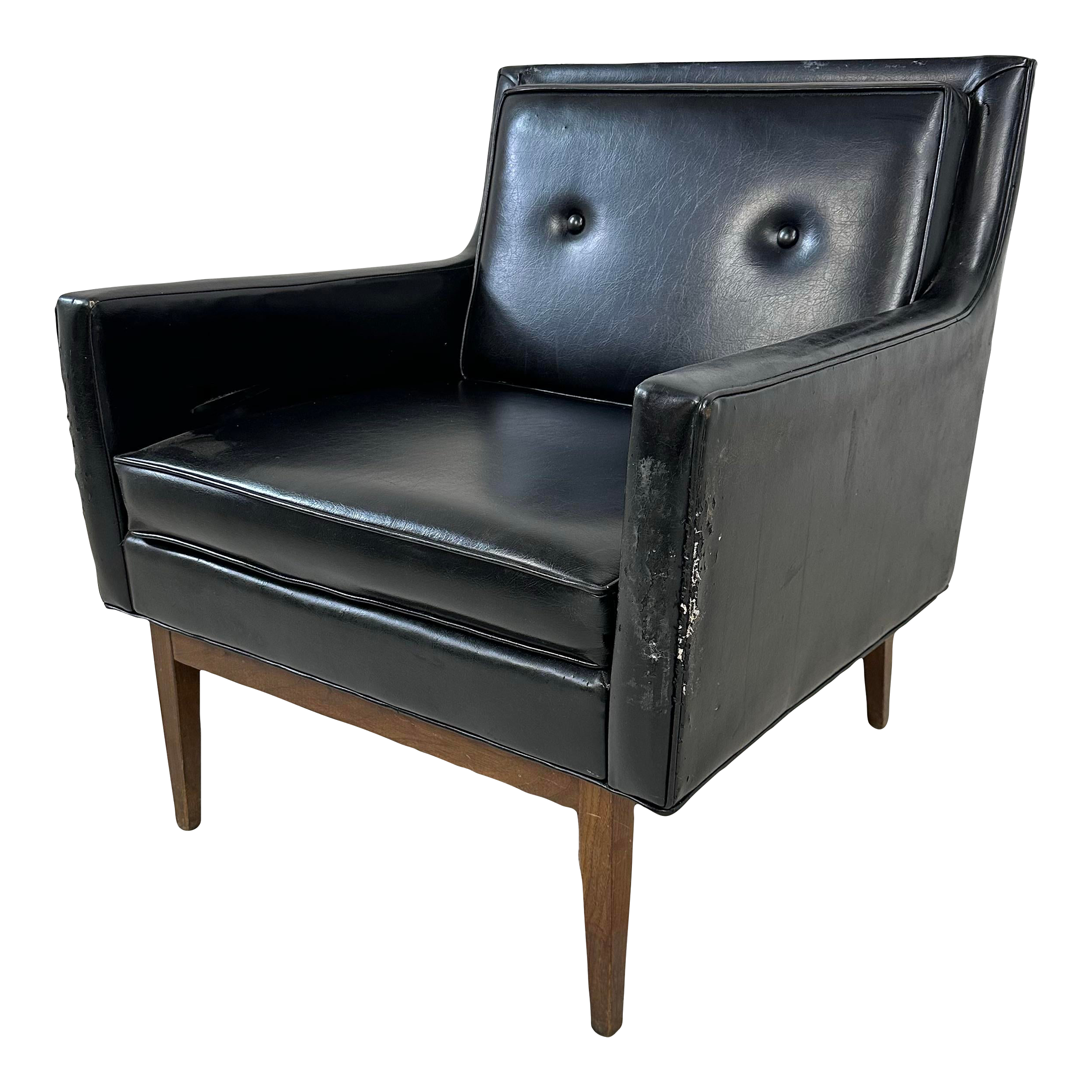Milo Baughman Style Black Vinyl Lounge Chair With Walnut Base