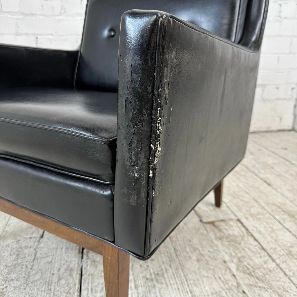Milo Baughman Style Black Vinyl Lounge Chair With Walnut Base
