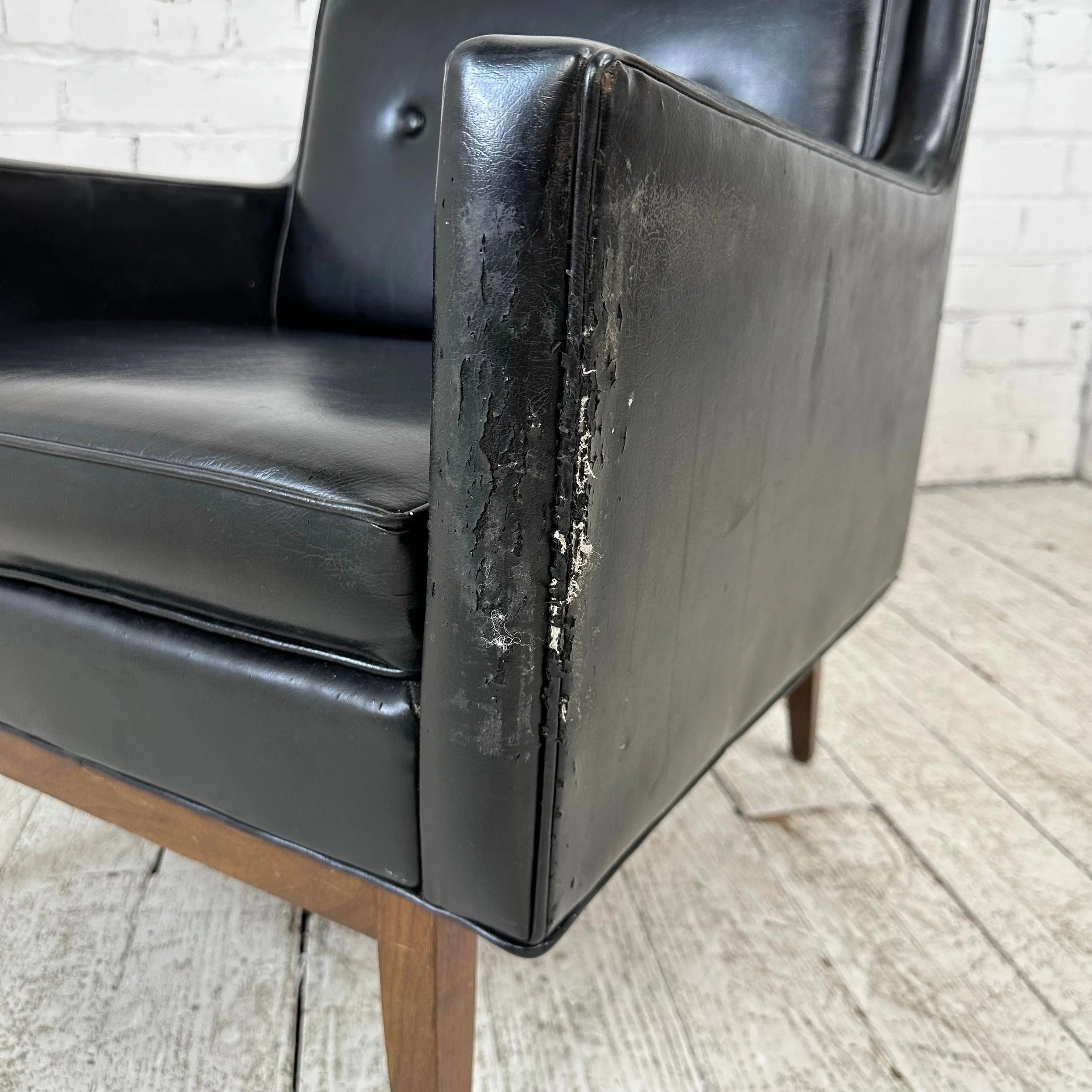 Milo Baughman Style Black Vinyl Lounge Chair With Walnut Base