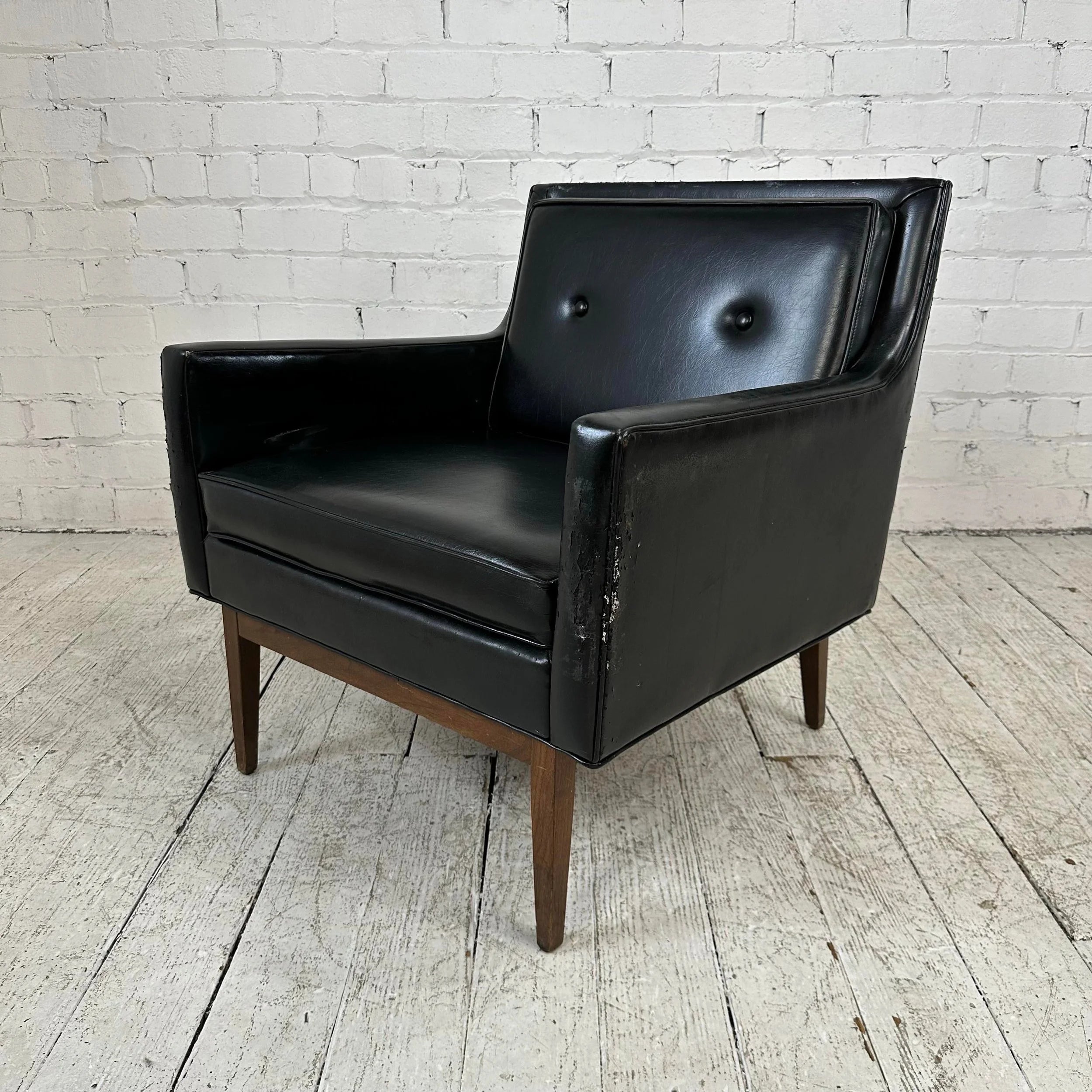 Milo Baughman Style Black Vinyl Lounge Chair With Walnut Base