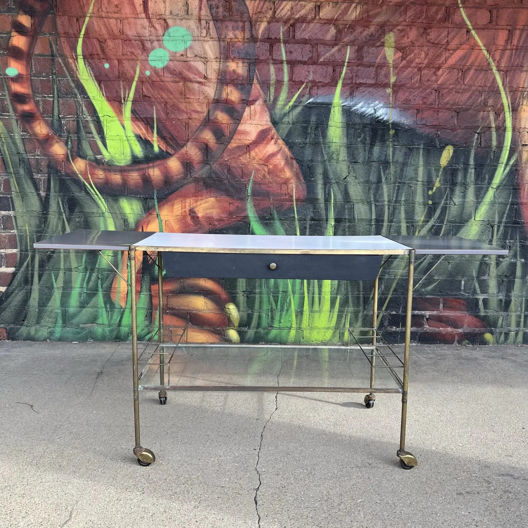 Mid Century Modern Brass and Glass Bar Cart Possible Harvey Probber