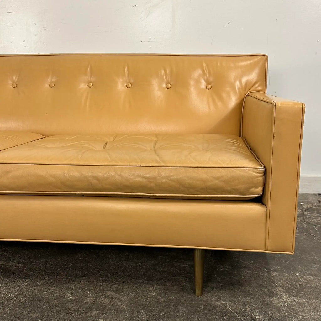 Mid Century Modern Edward Wormley for Dunbar Tan Leather Sofa With Brass Legs