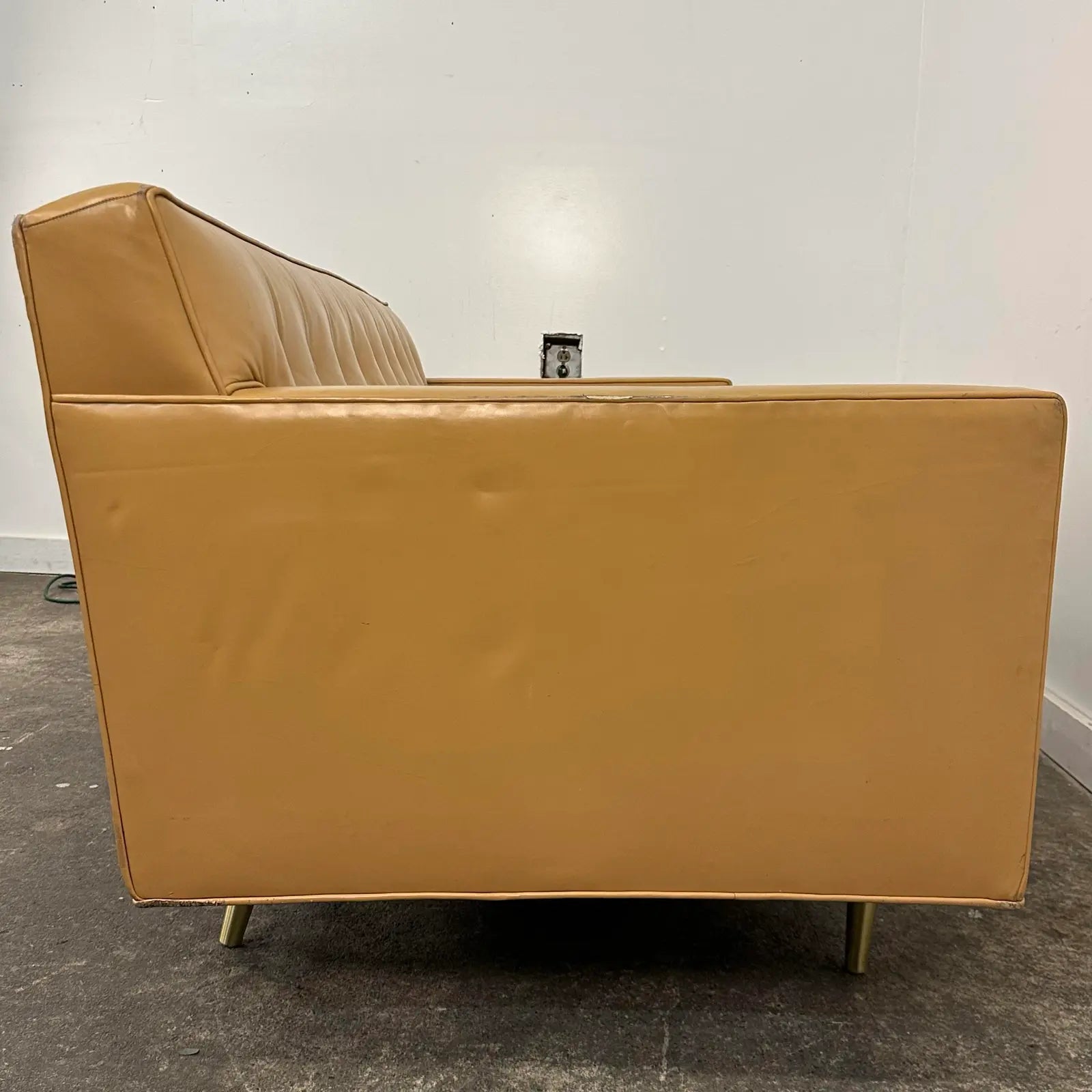 Mid Century Modern Edward Wormley for Dunbar Tan Leather Sofa With Brass Legs