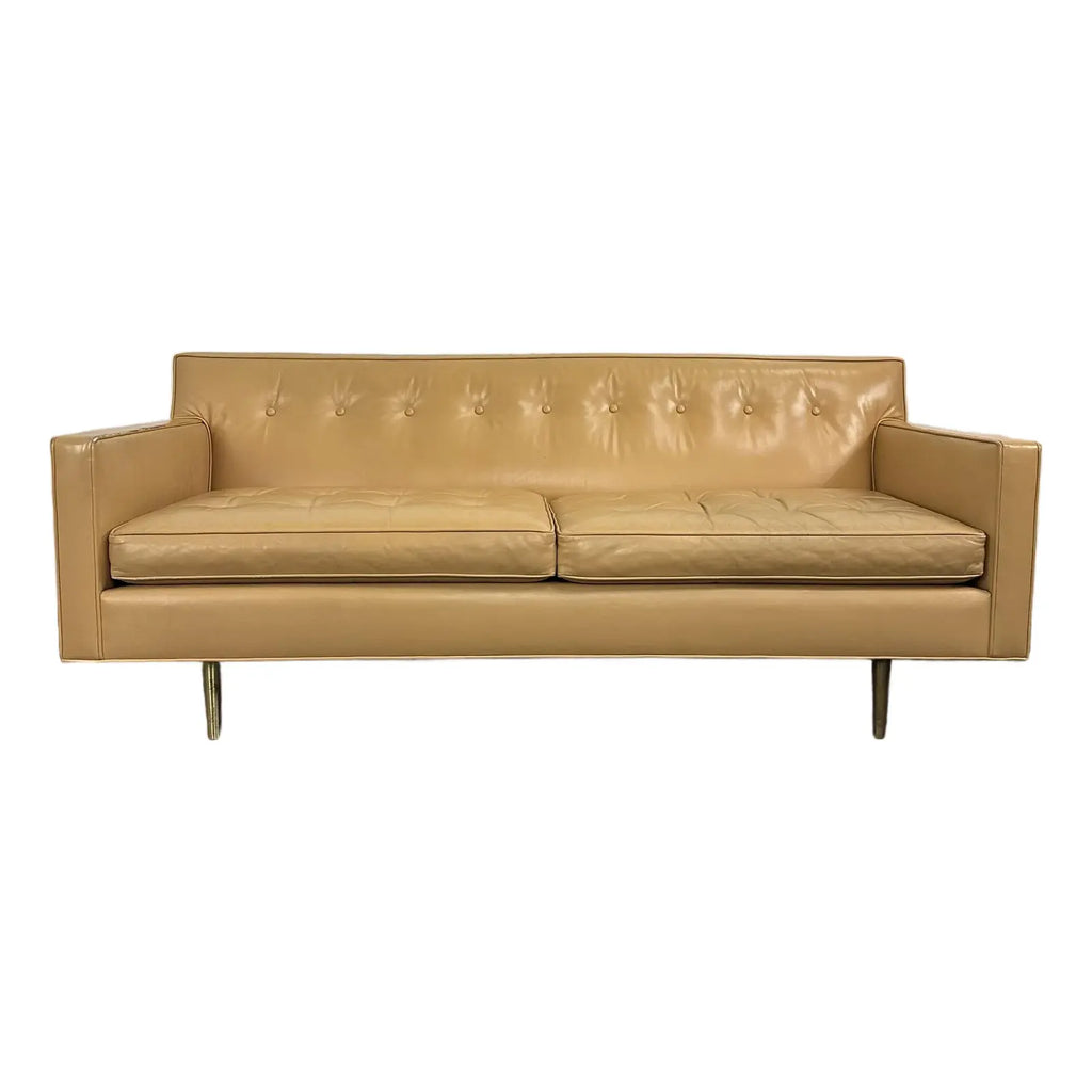 Mid Century Modern Edward Wormley for Dunbar Tan Leather Sofa With Brass Legs
