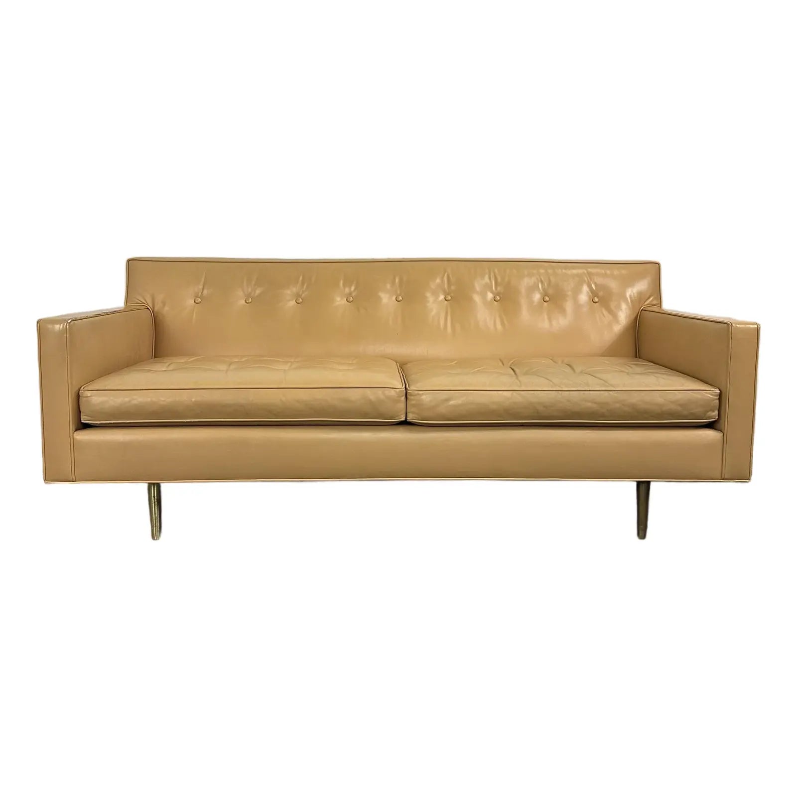 Mid Century Modern Edward Wormley for Dunbar Tan Leather Sofa With Brass Legs