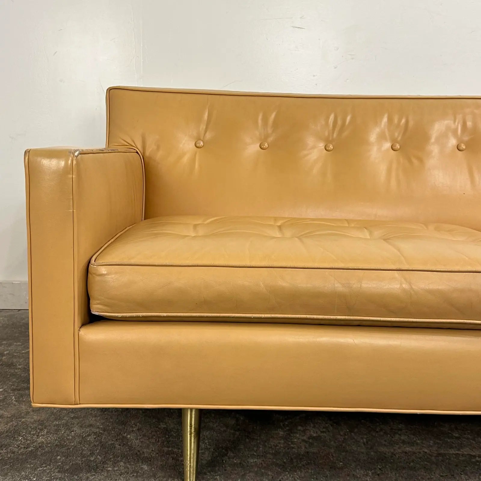 Mid Century Modern Edward Wormley for Dunbar Tan Leather Sofa With Brass Legs