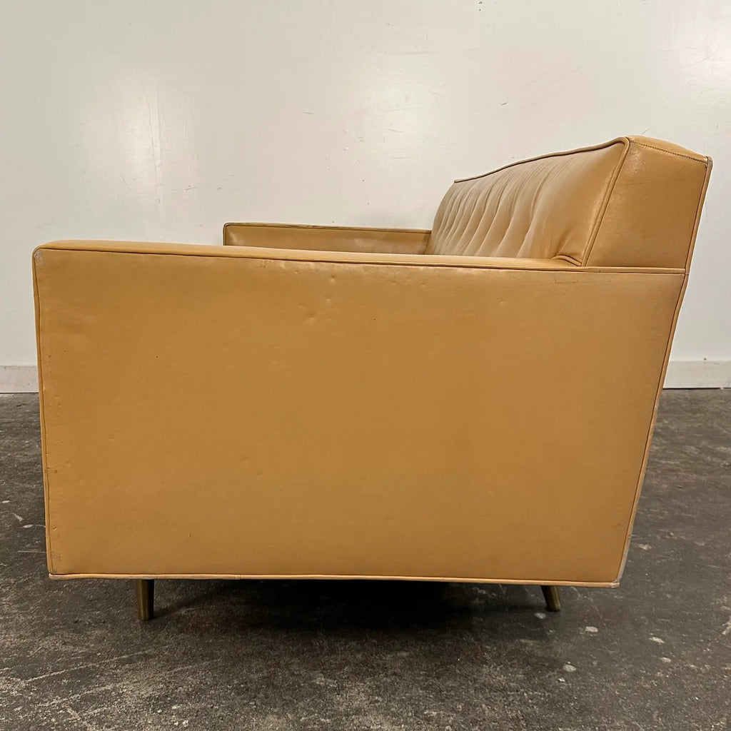 Mid Century Modern Edward Wormley for Dunbar Tan Leather Sofa With Brass Legs