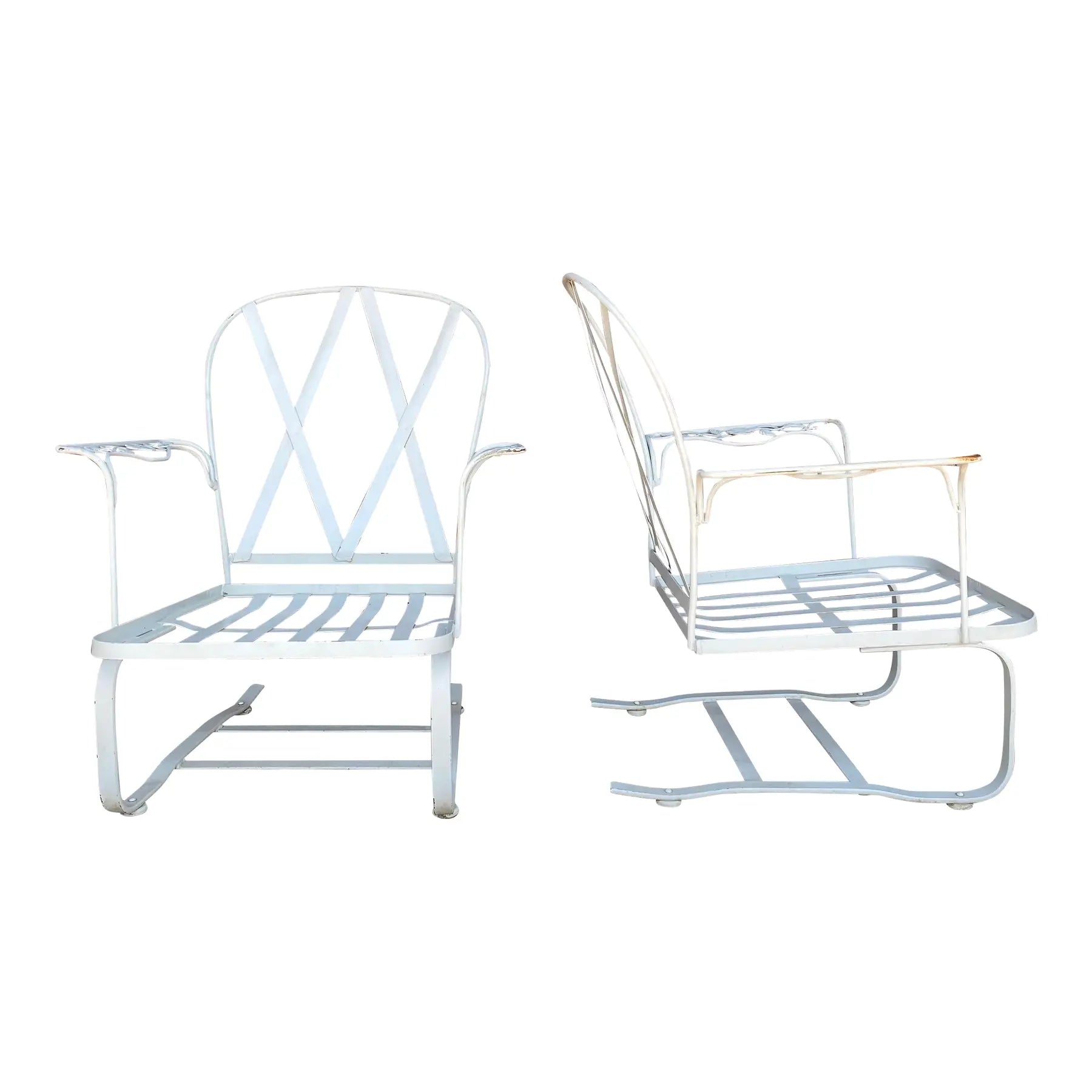 Mid Century Modern Pair of White Woodard Outdoor Patio Bouncers Chattily Rose Pattern