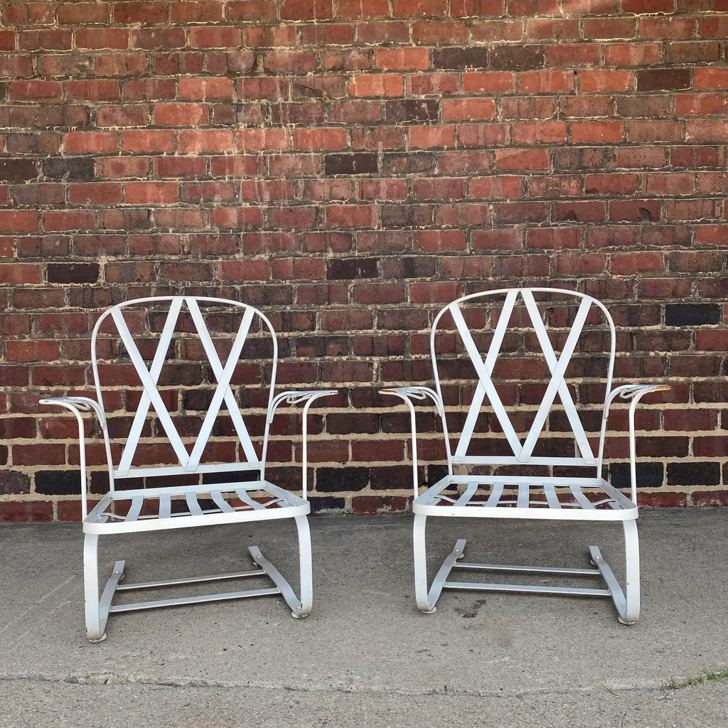 Mid Century Modern Pair of White Woodard Outdoor Patio Bouncers Chattily Rose Pattern