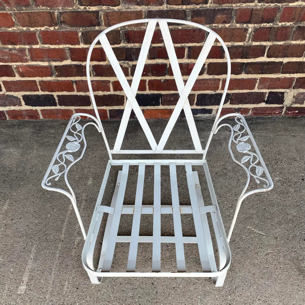 Mid Century Modern Pair of White Woodard Outdoor Patio Bouncers Chattily Rose Pattern