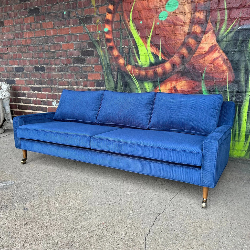 Reupholstered Blue Corduroy sofa on Casters Selig Style