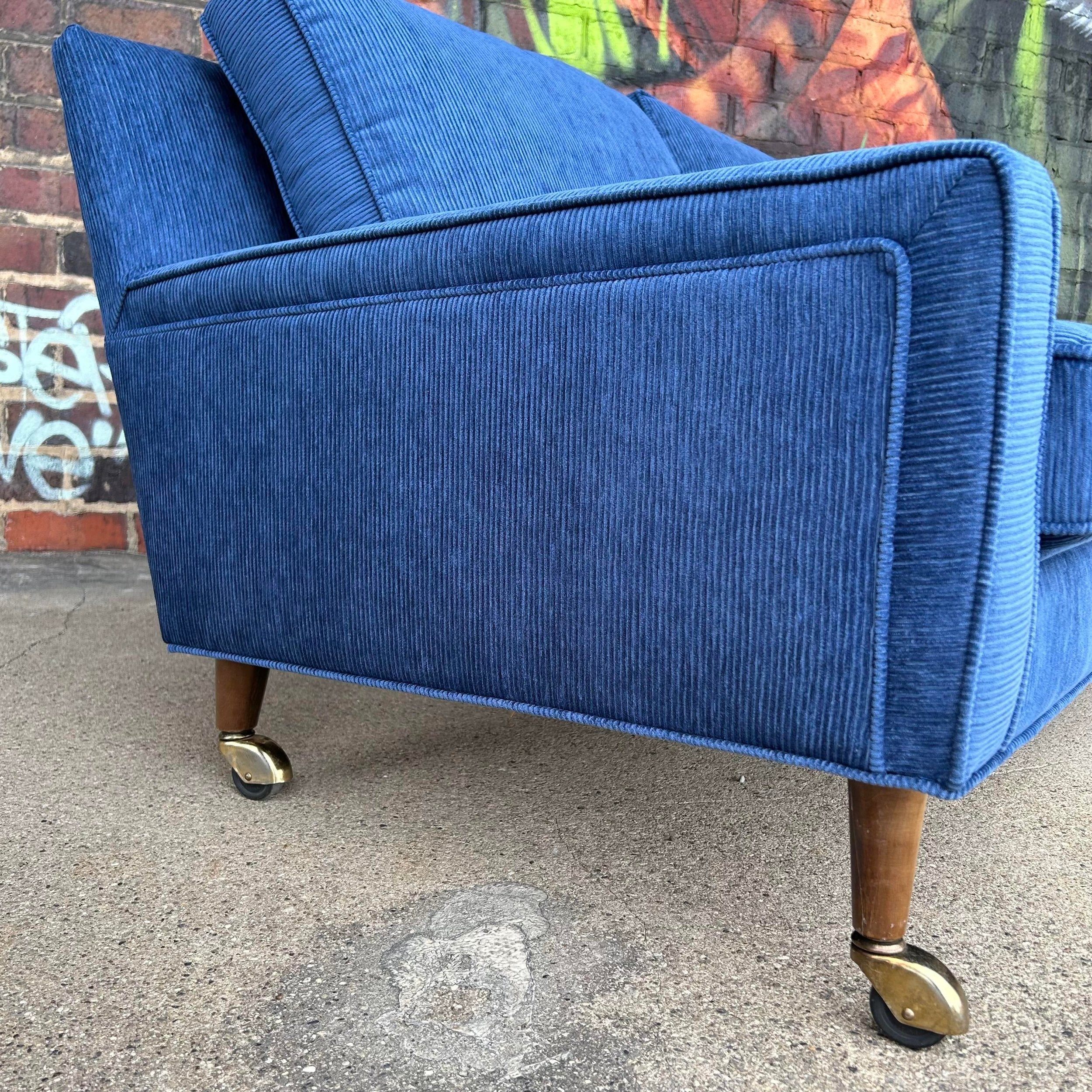 Reupholstered Blue Corduroy sofa on Casters Selig Style