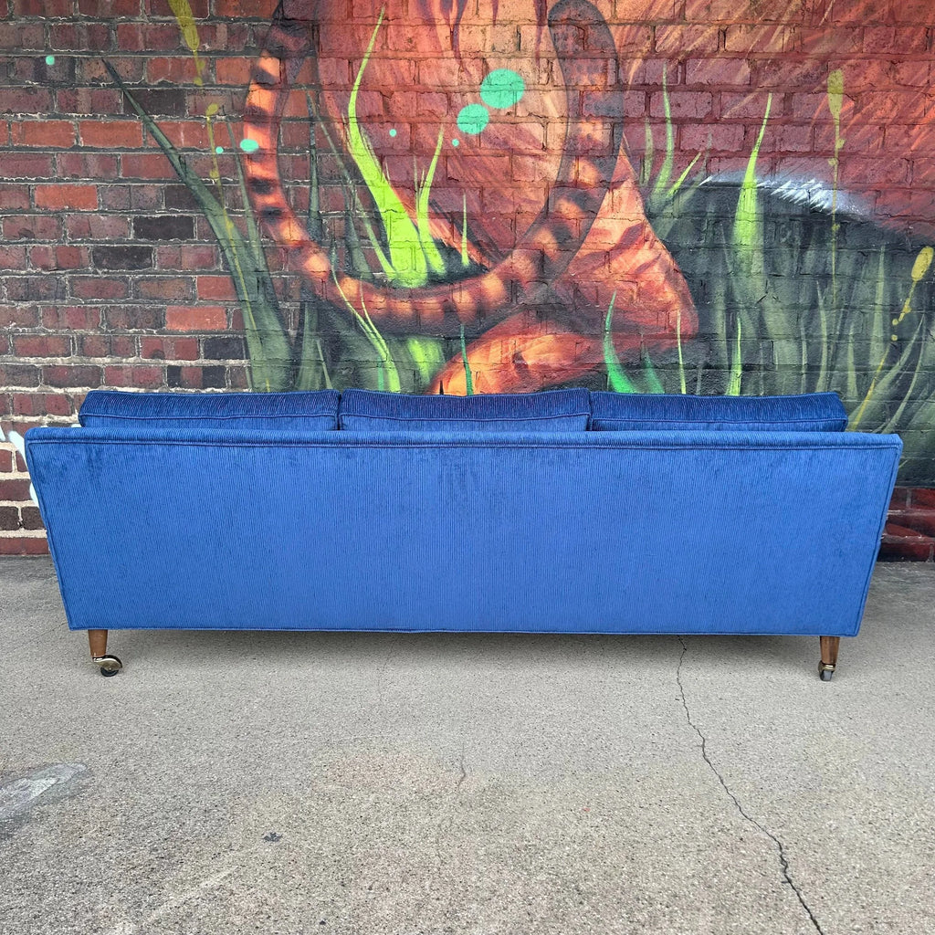 Reupholstered Blue Corduroy sofa on Casters Selig Style