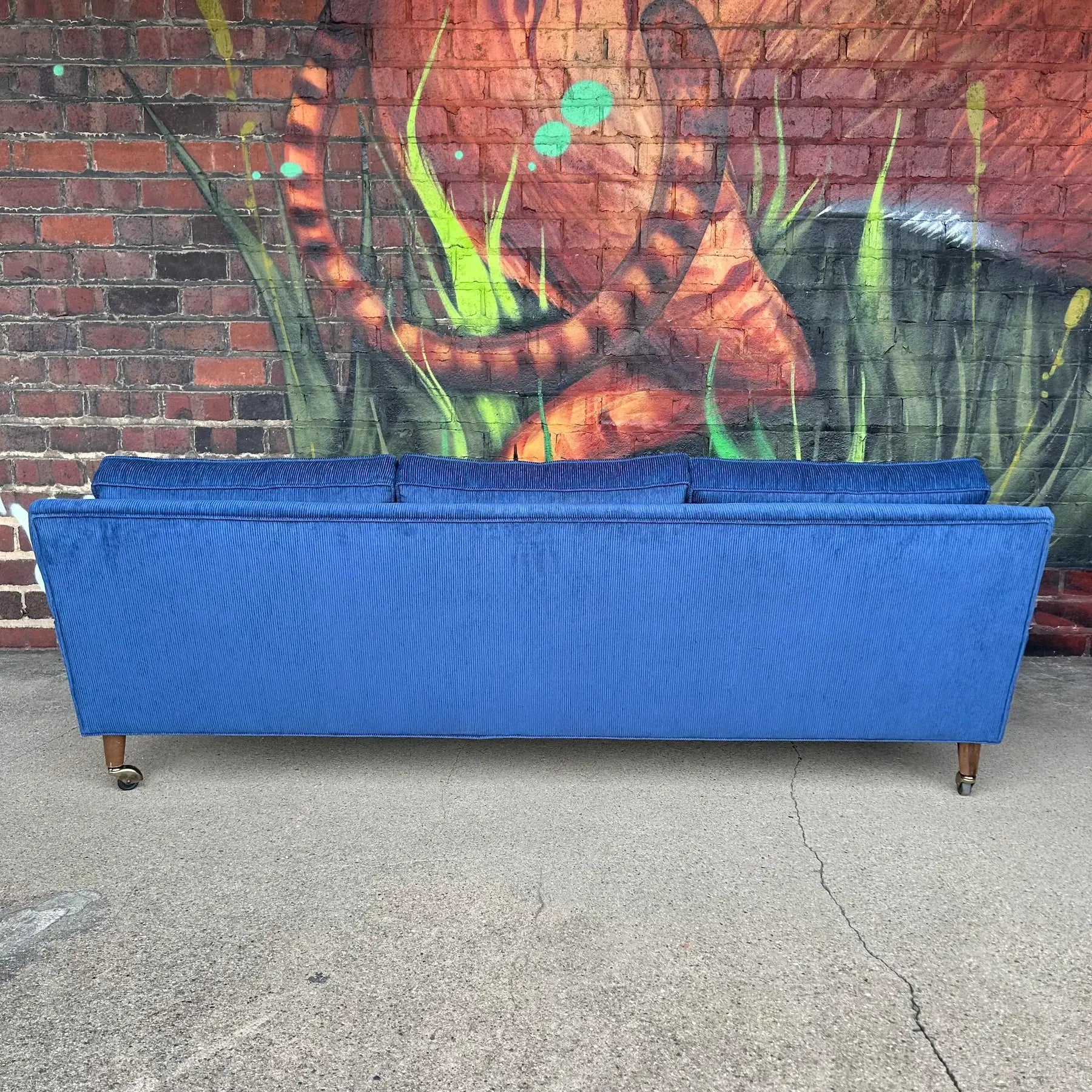 Mid Century Modern Sofa Reupholstered Blue Corduroy on Casters Possibly Selig