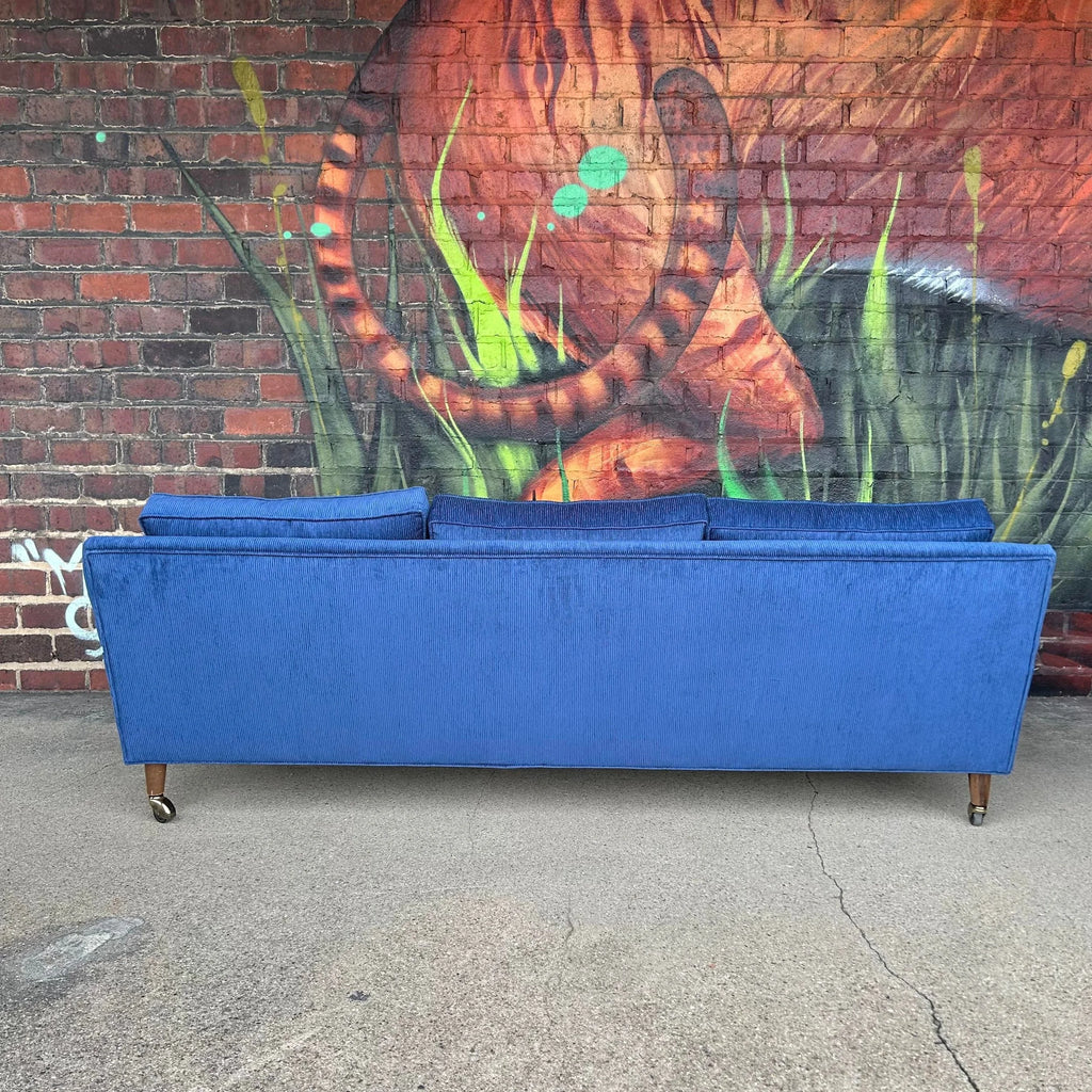 Reupholstered Blue Corduroy sofa on Casters Selig Style
