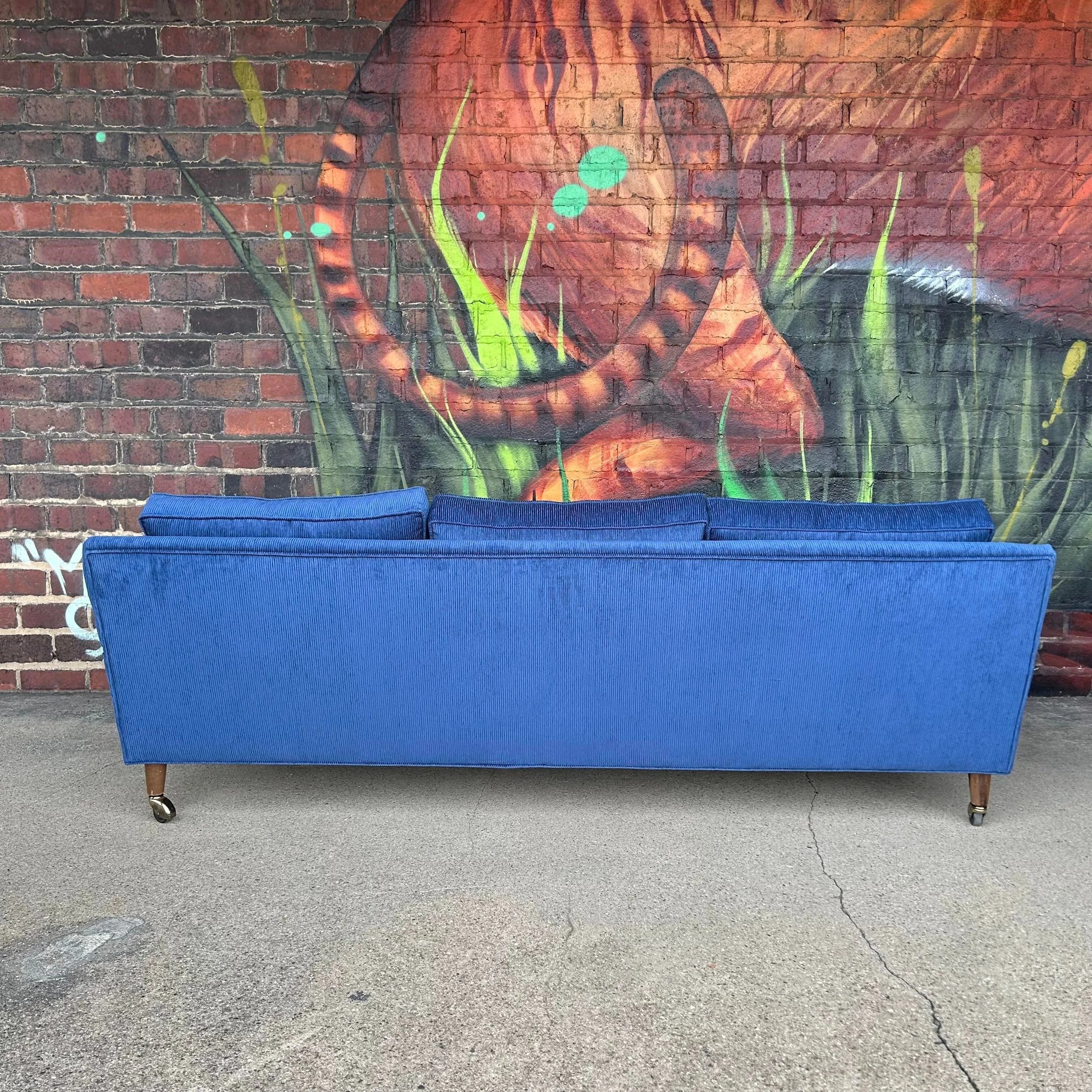 Reupholstered Blue Corduroy sofa on Casters Selig Style