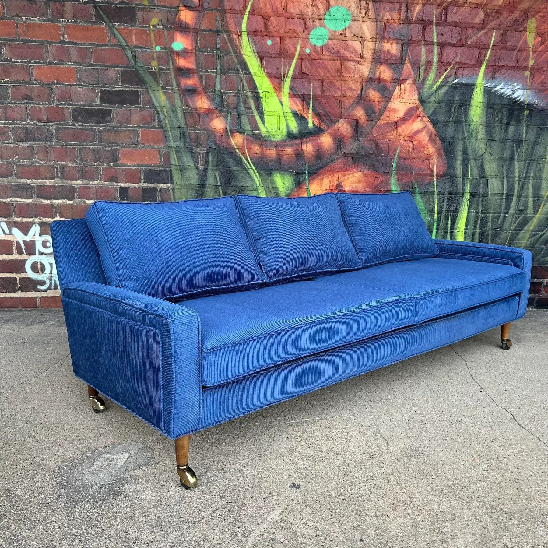 Mid Century Modern Sofa Reupholstered Blue Corduroy on Casters Possibly Selig