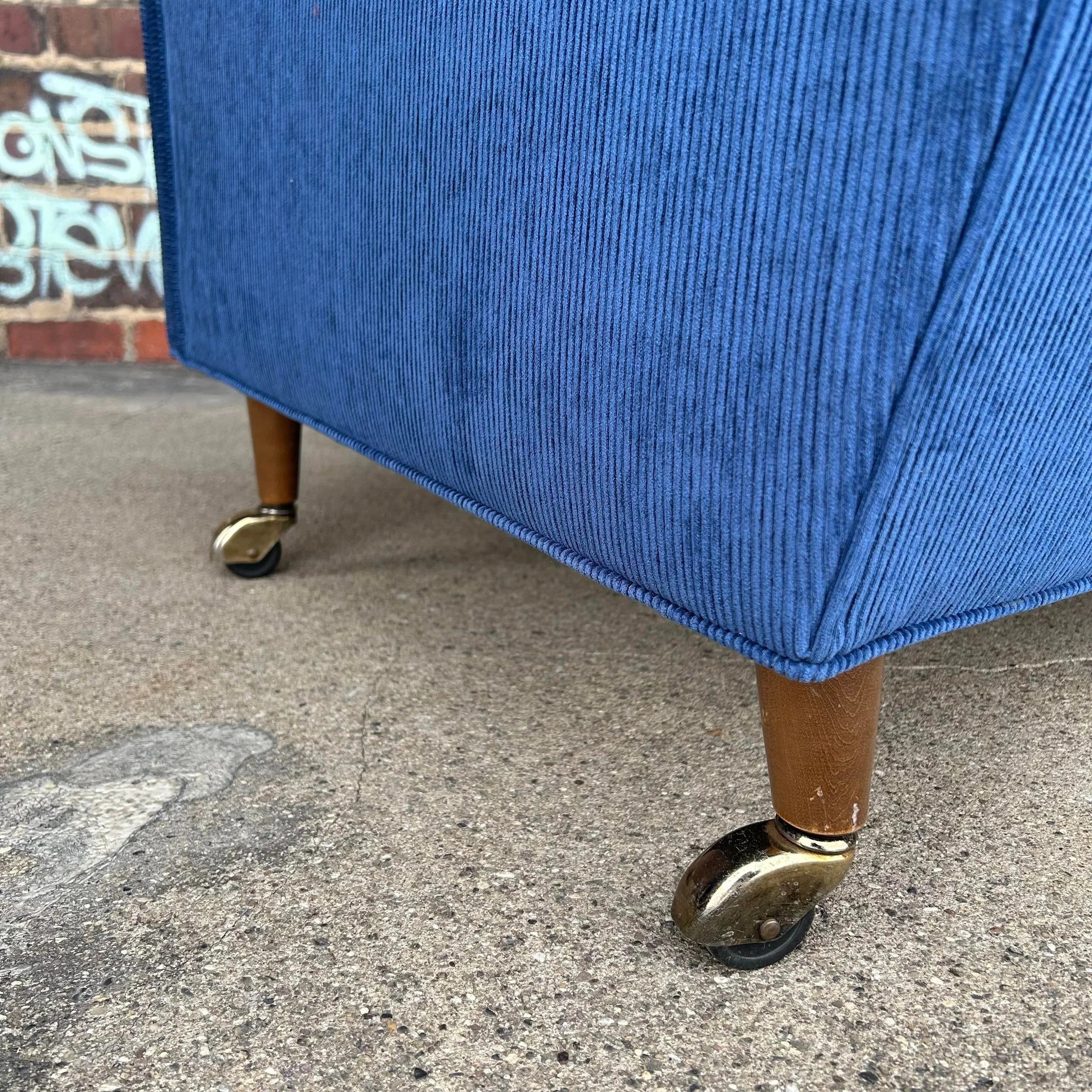 Reupholstered Blue Corduroy sofa on Casters Selig Style