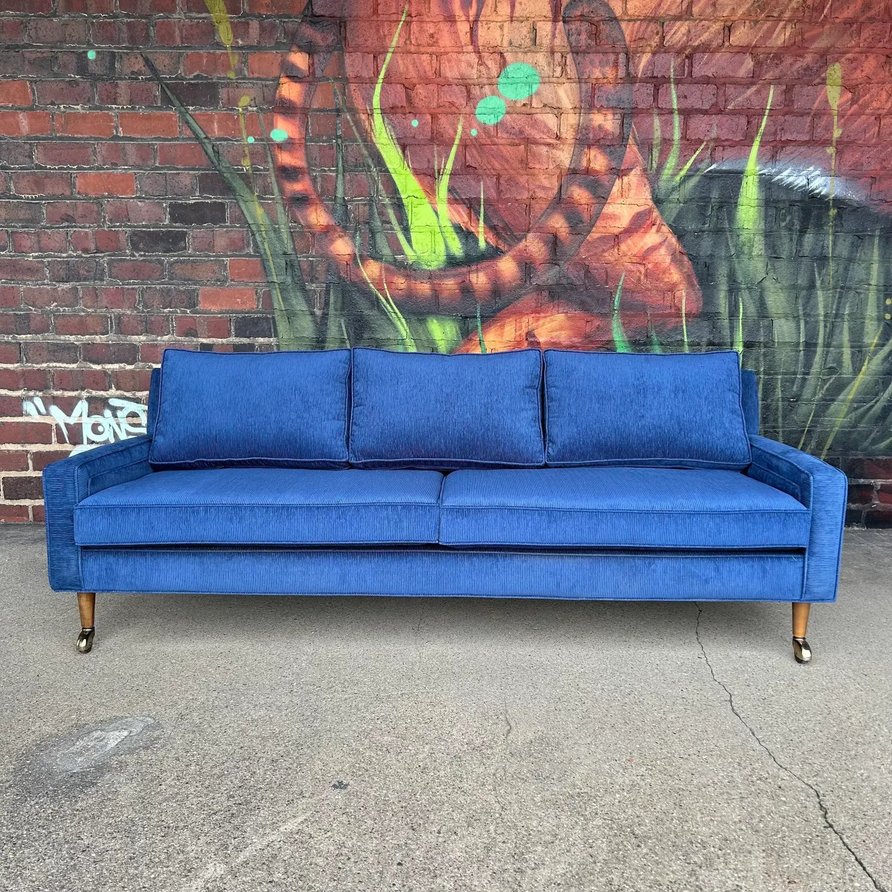 Mid Century Modern Sofa Reupholstered Blue Corduroy on Casters Possibly Selig