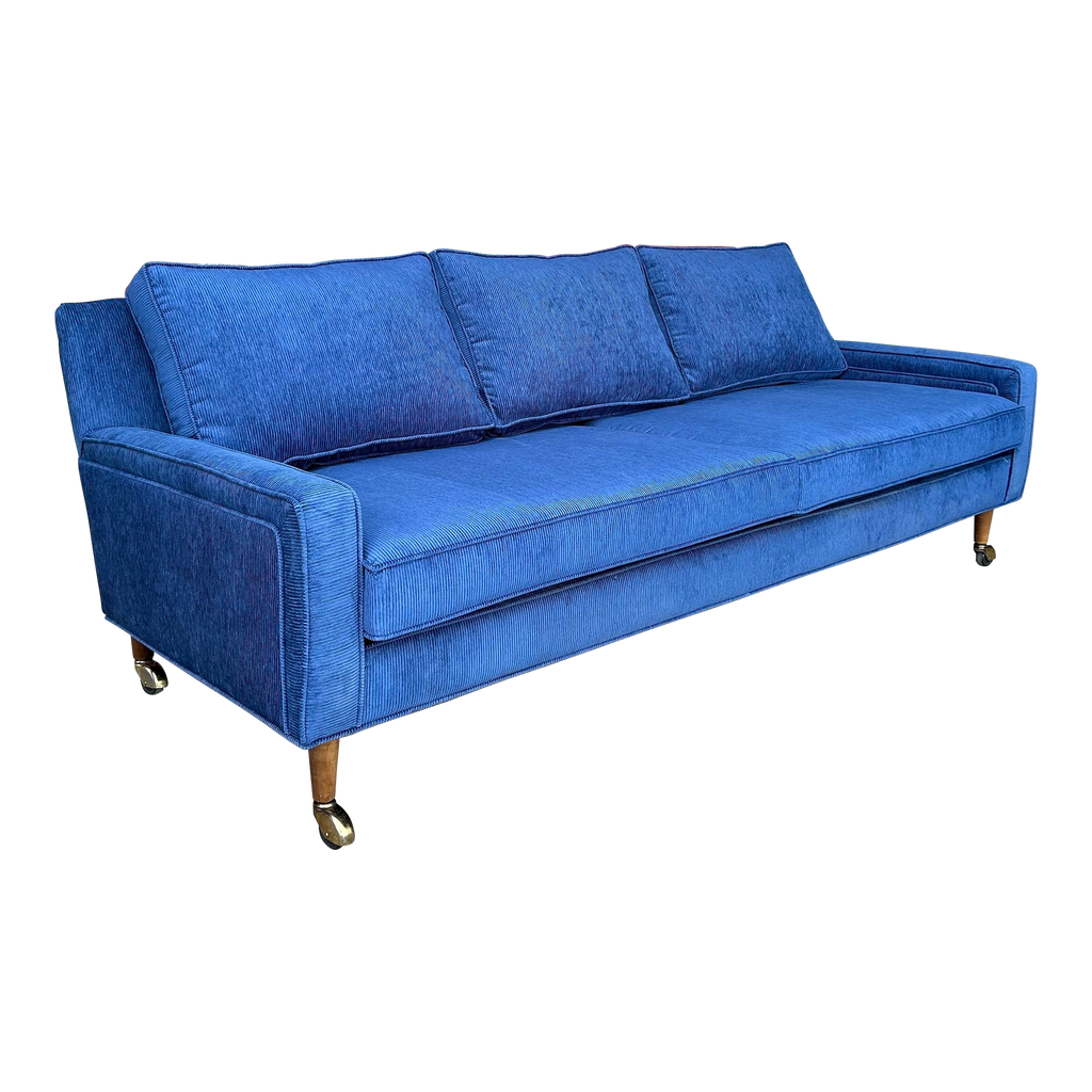 Reupholstered Blue Corduroy sofa on Casters Selig Style