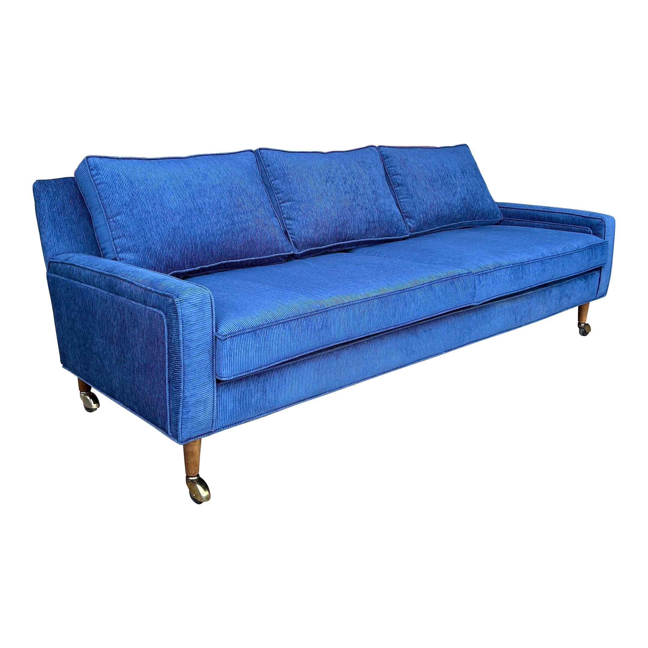 Reupholstered Blue Corduroy sofa on Casters Selig Style