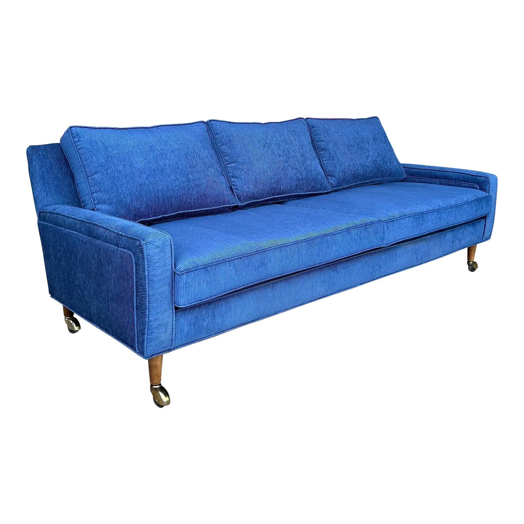 Mid Century Modern Sofa Reupholstered Blue Corduroy on Casters Possibly Selig