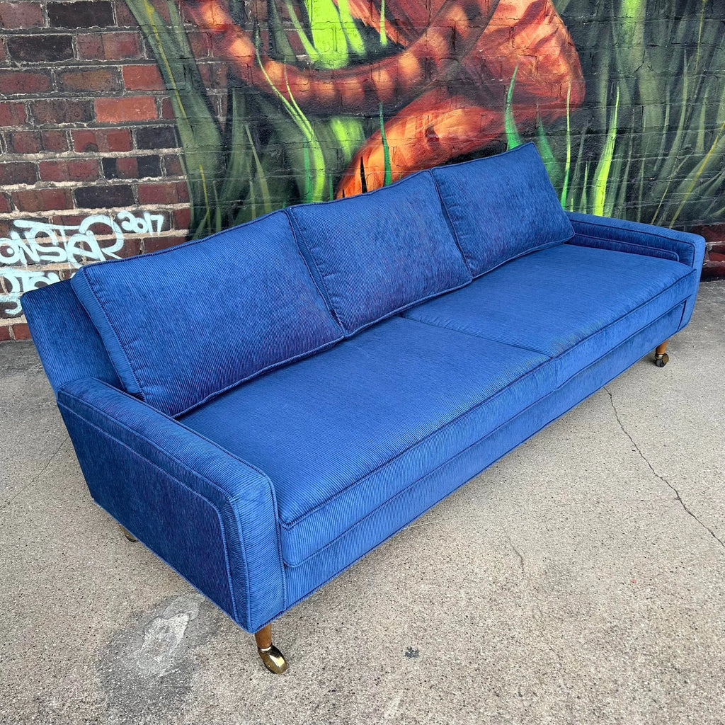 Reupholstered Blue Corduroy sofa on Casters Selig Style