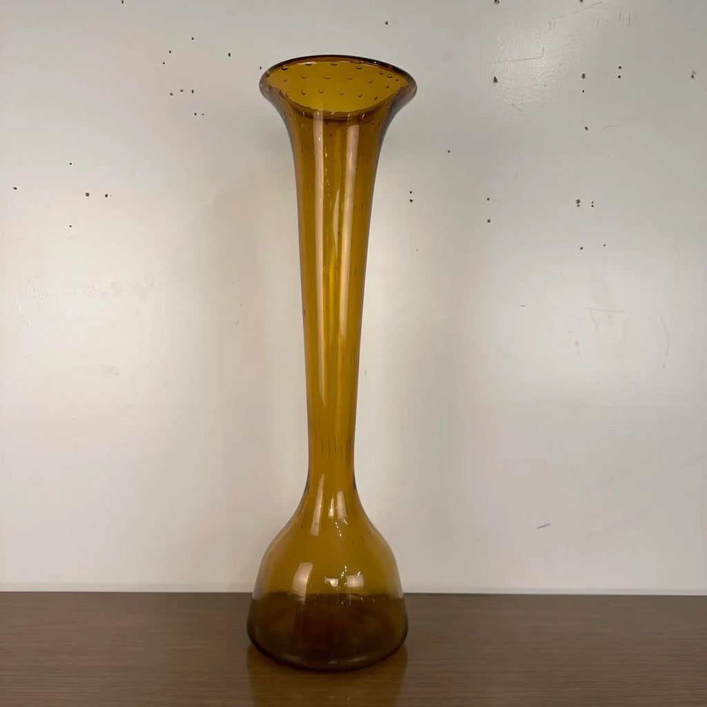 Mid Century Modern Vintage Blenko Floor Vase Amber Blown Glass
