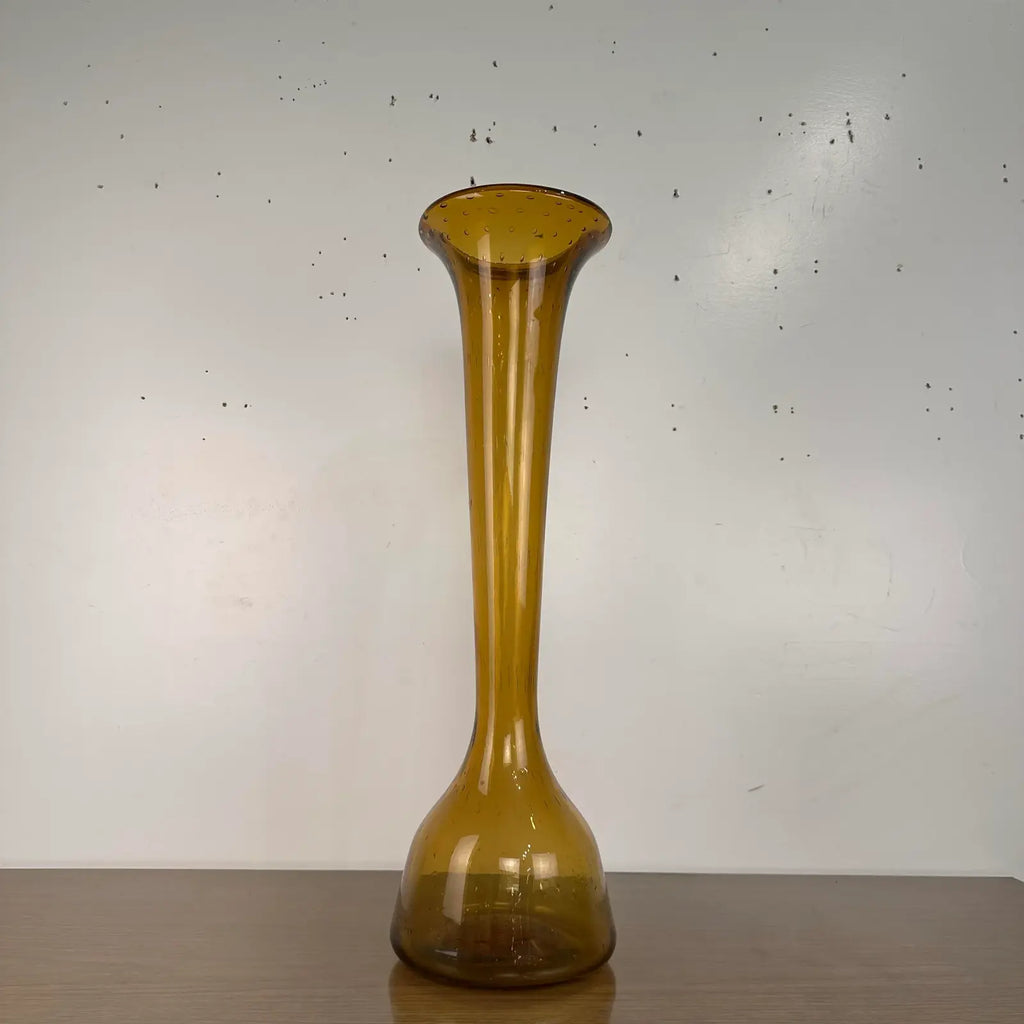 Mid Century Modern Vintage Blenko Floor Vase Amber Blown Glass
