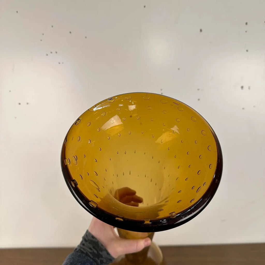Mid Century Modern Vintage Blenko Floor Vase Amber Blown Glass