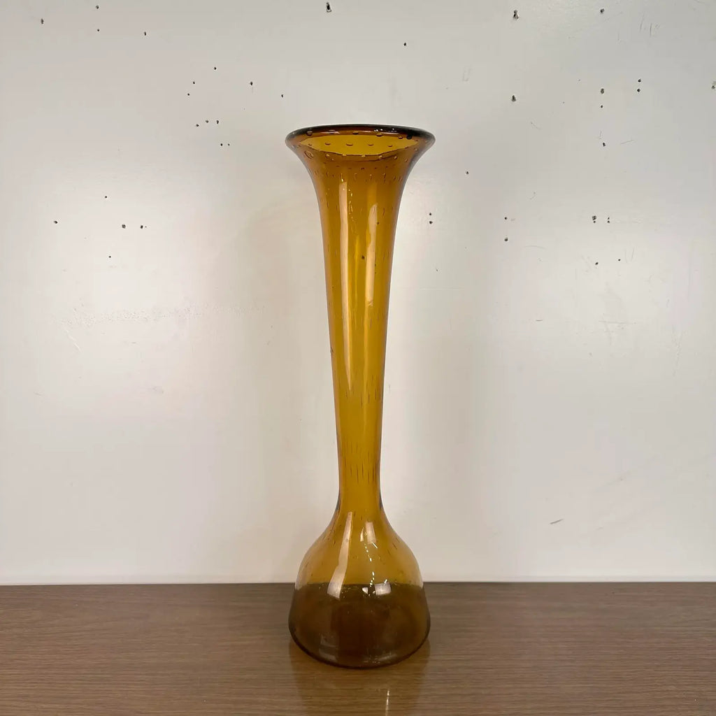 Mid Century Modern Vintage Blenko Floor Vase Amber Blown Glass