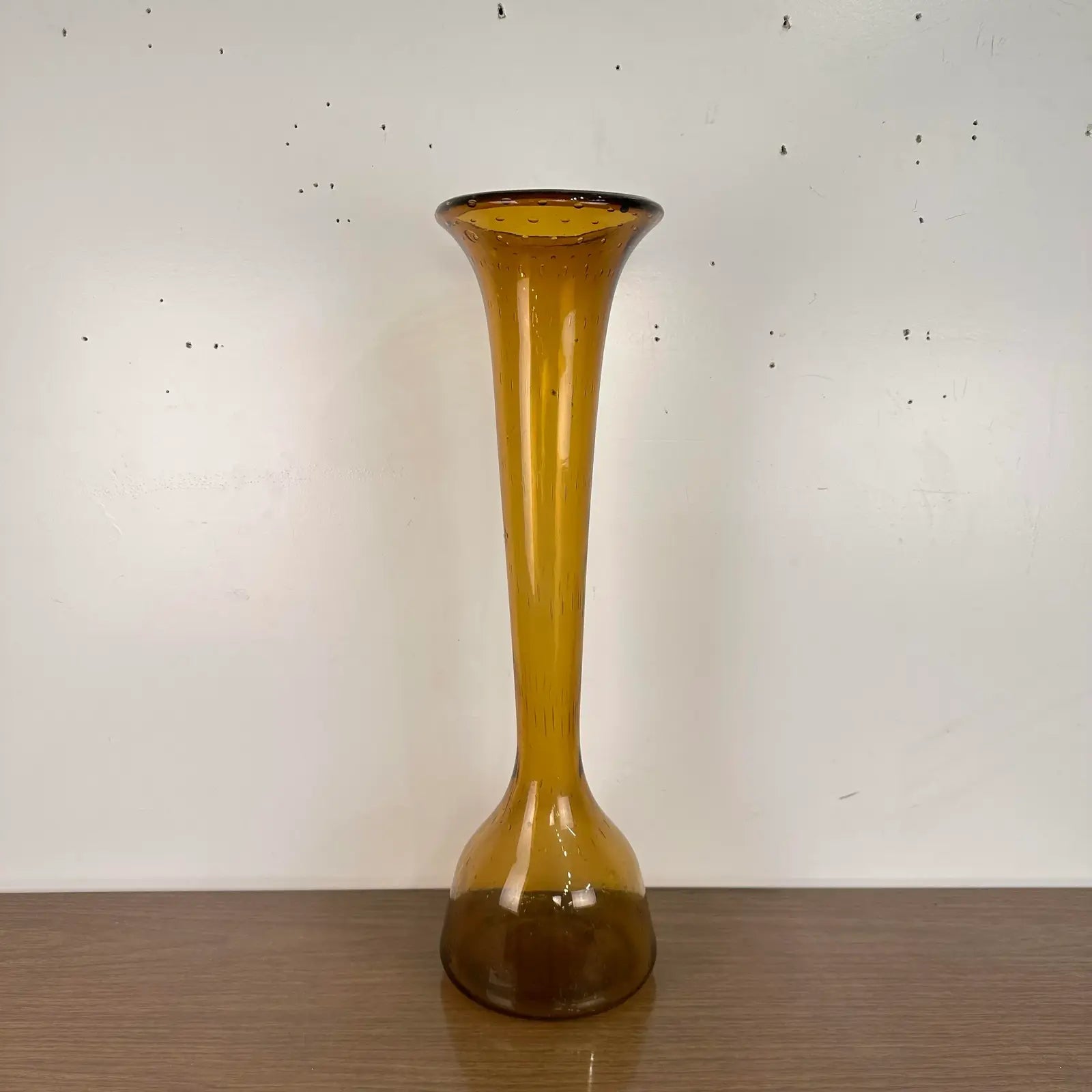 Mid Century Modern Vintage Blenko Floor Vase Amber Blown Glass