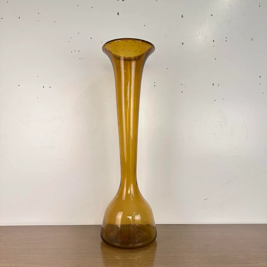 Mid Century Modern Vintage Blenko Floor Vase Amber Blown Glass