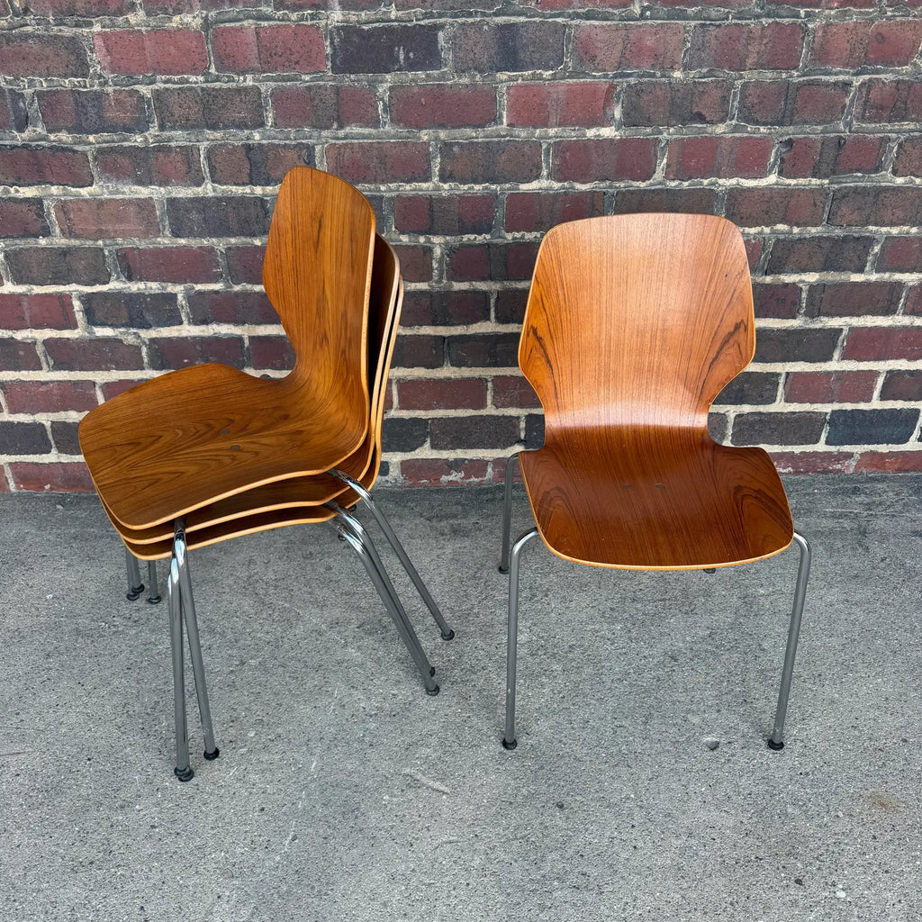 Mid-Century Modern Westnofa Teak and Chrome Dining Chairs Stacking – Set of 4