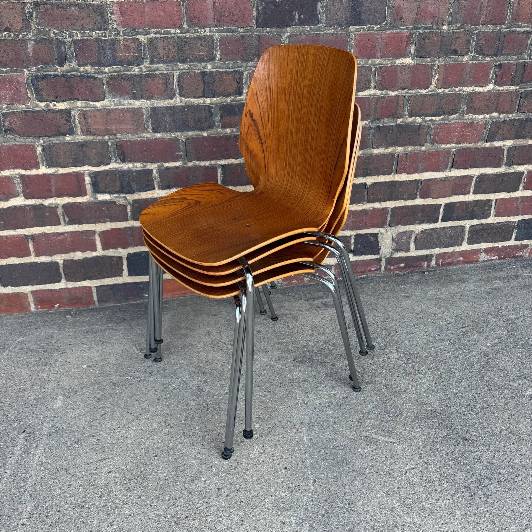 Mid-Century Modern Westnofa Teak and Chrome Dining Chairs Stacking – Set of 4