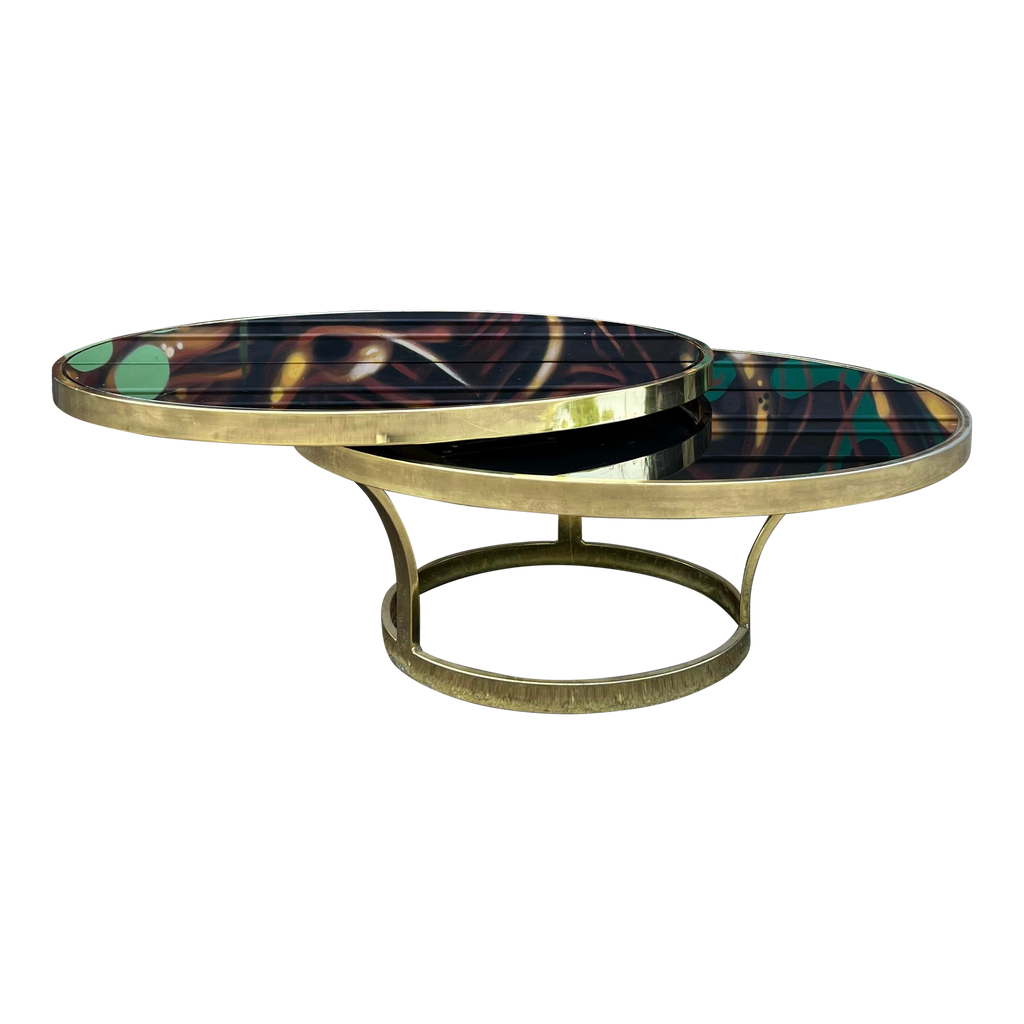 Milo Baughman Black Glass and Brass Two Tier Swivel Coffee Table