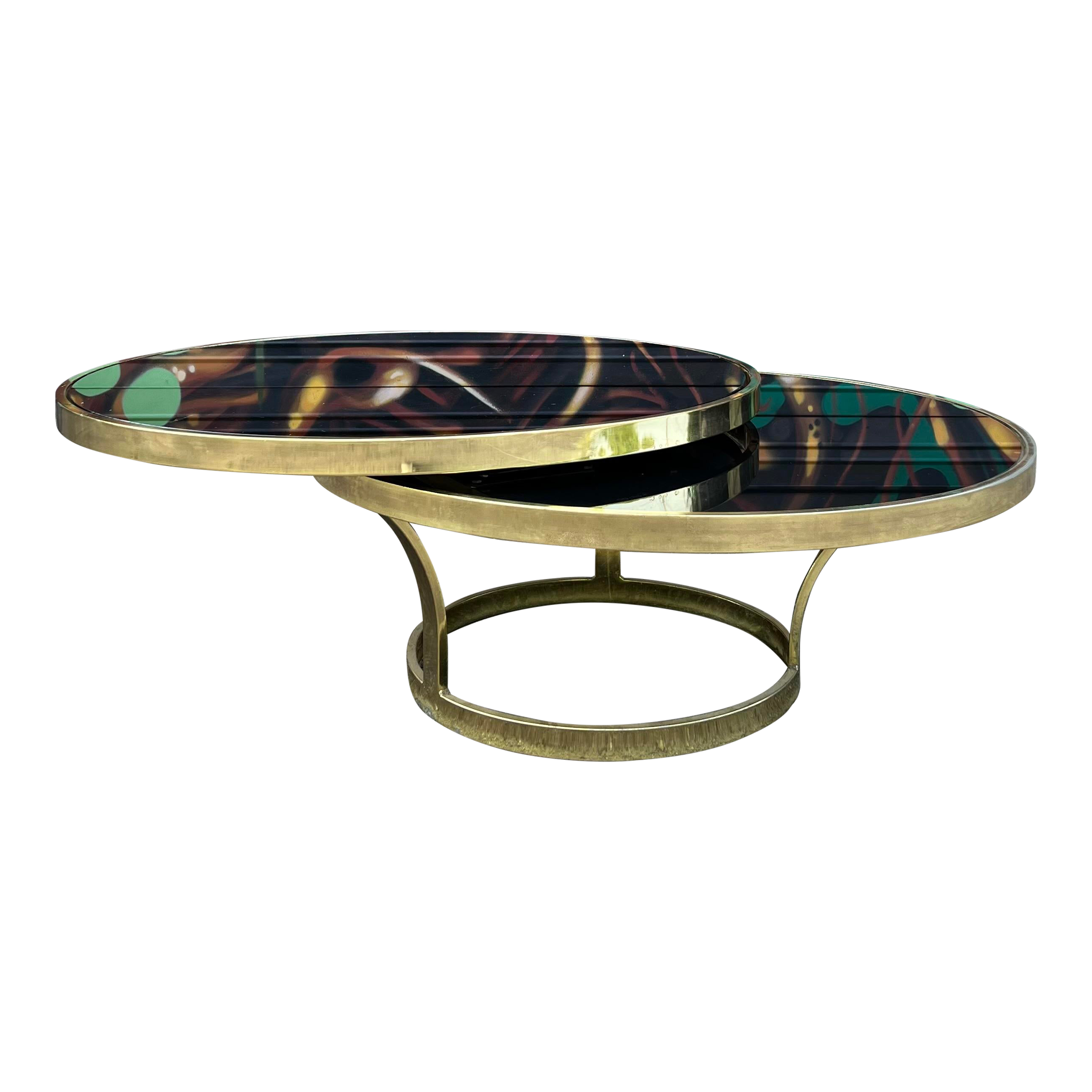Milo Baughman Black Glass and Brass Two Tier Swivel Coffee Table