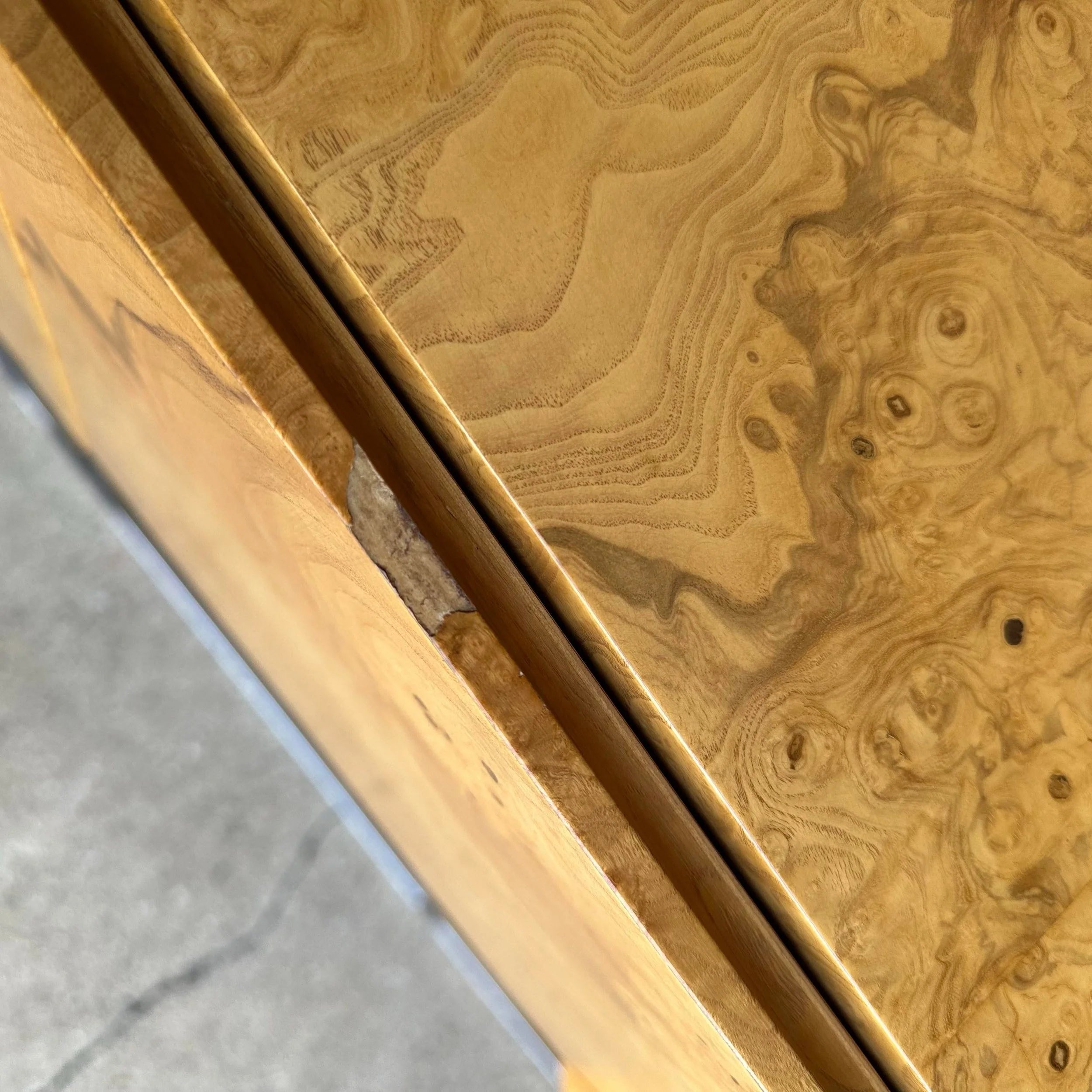 Milo Baughman Burlwood Olive Wood and Thin Chrome Base Credenza